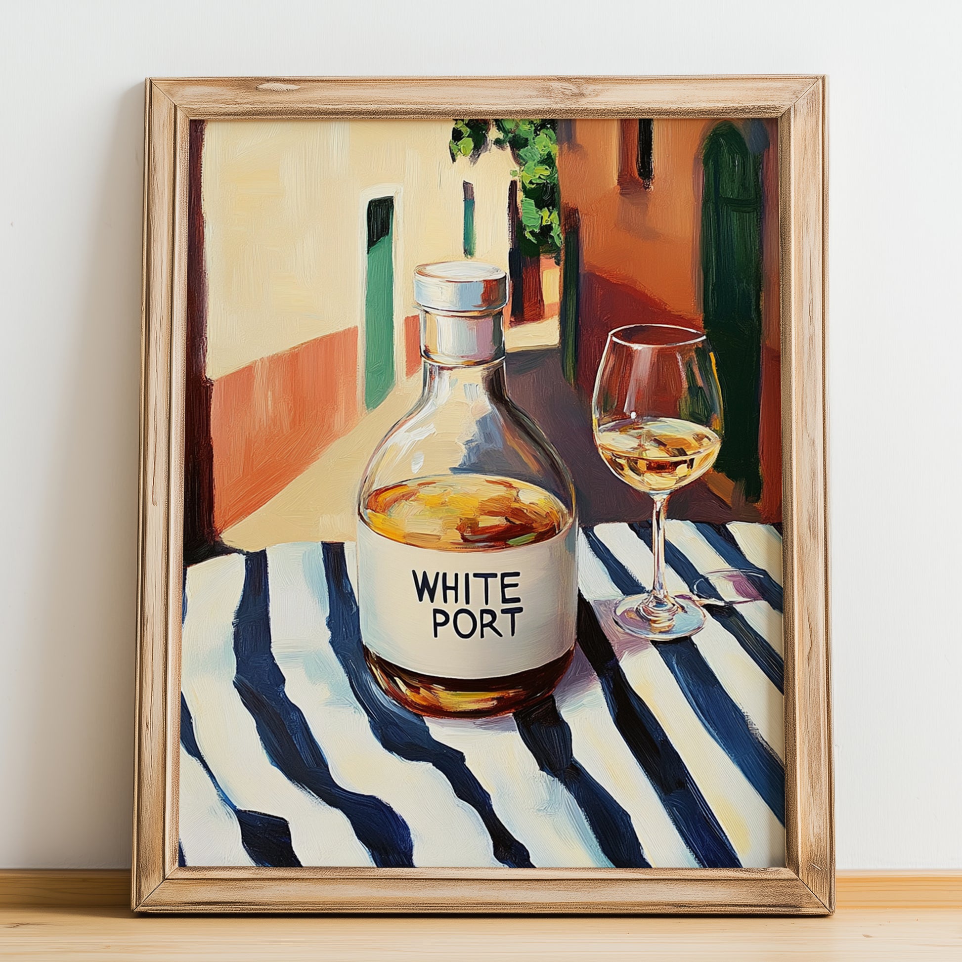 White Port – Portuguese Urban Café Scene, Portuguese Dessert Wine Wall Decor, no-text version framed in wood