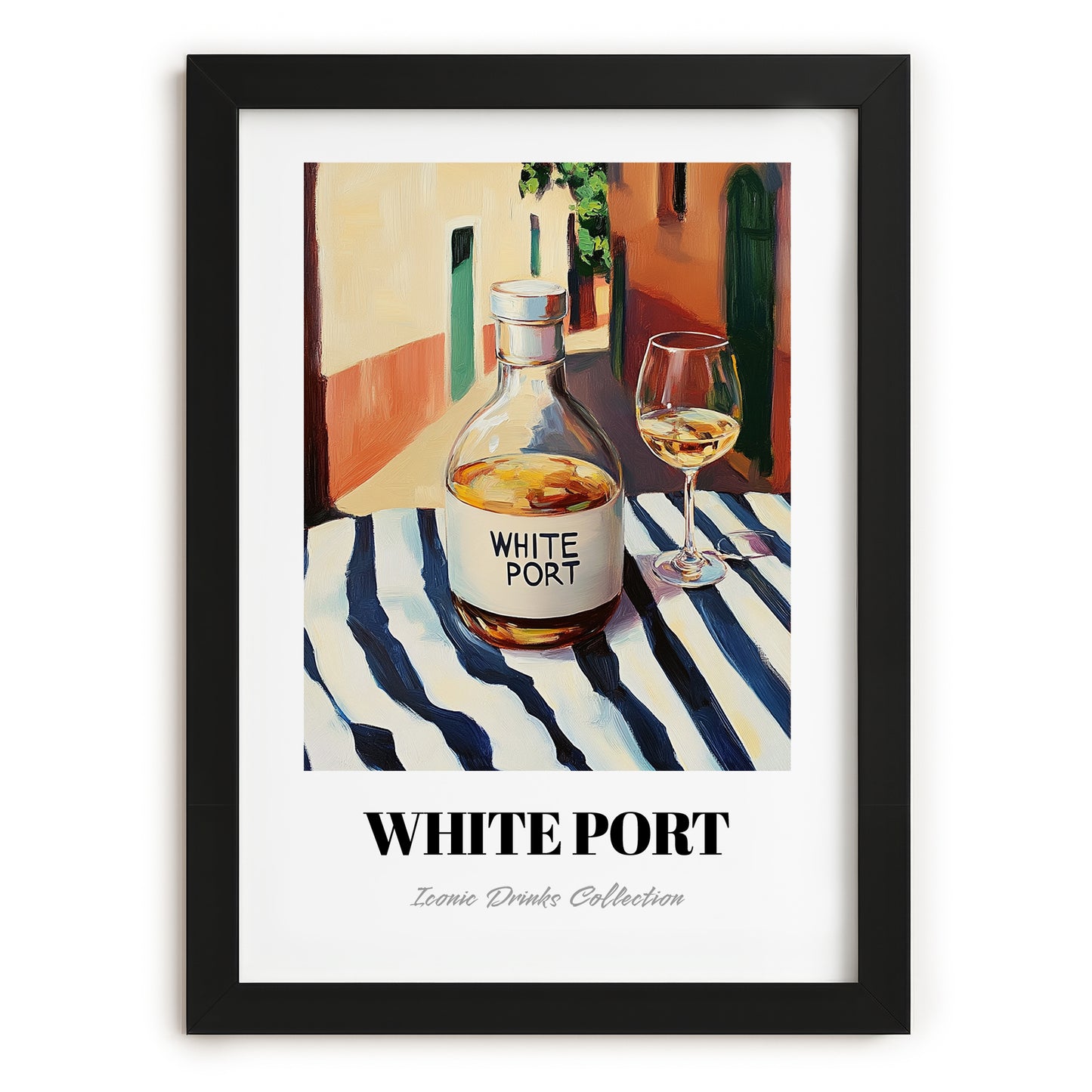 White Port – Portuguese Urban Café Scene, Portuguese Dessert Wine Wall Decor, in sleek black frame