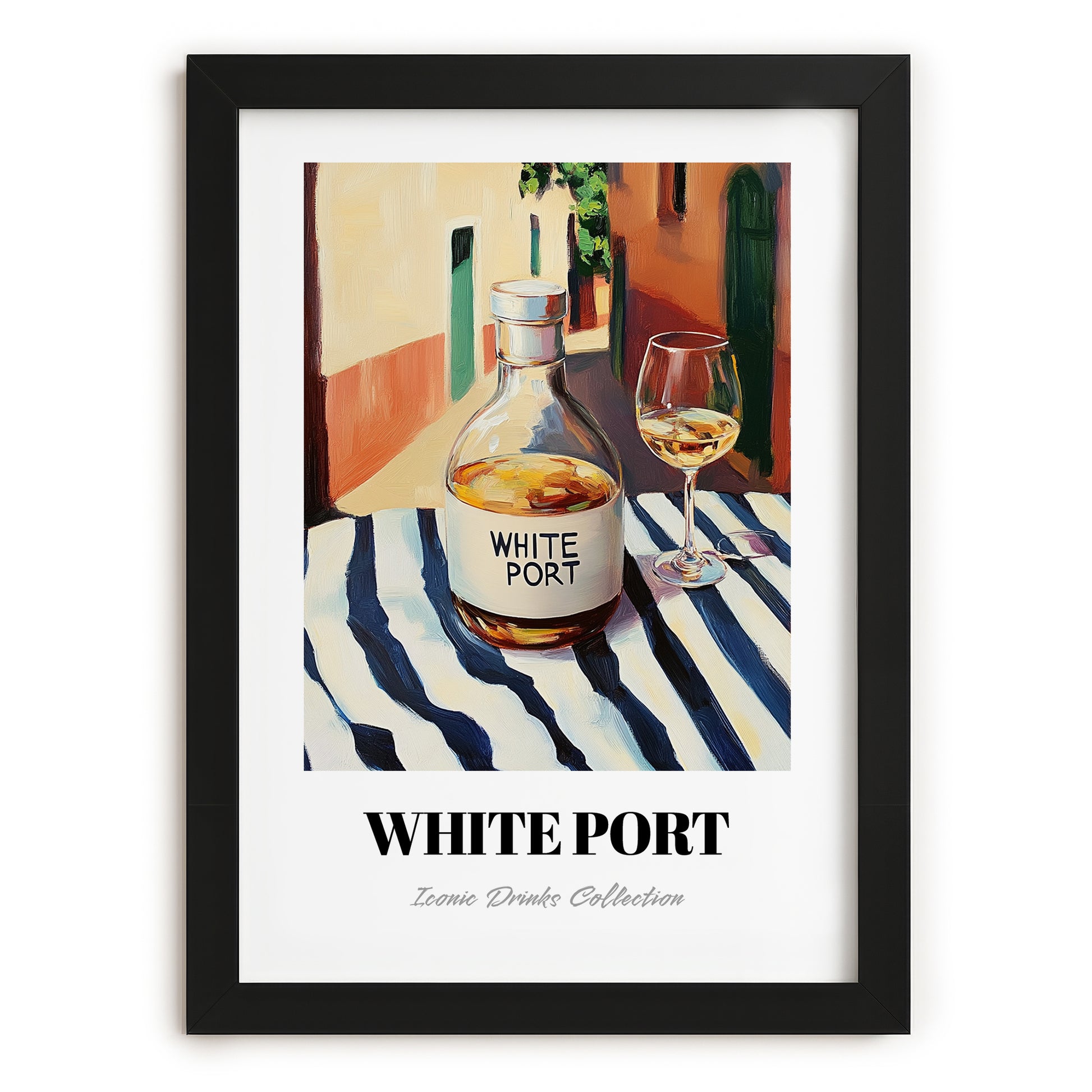 White Port – Portuguese Urban Café Scene, Portuguese Dessert Wine Wall Decor, in sleek black frame