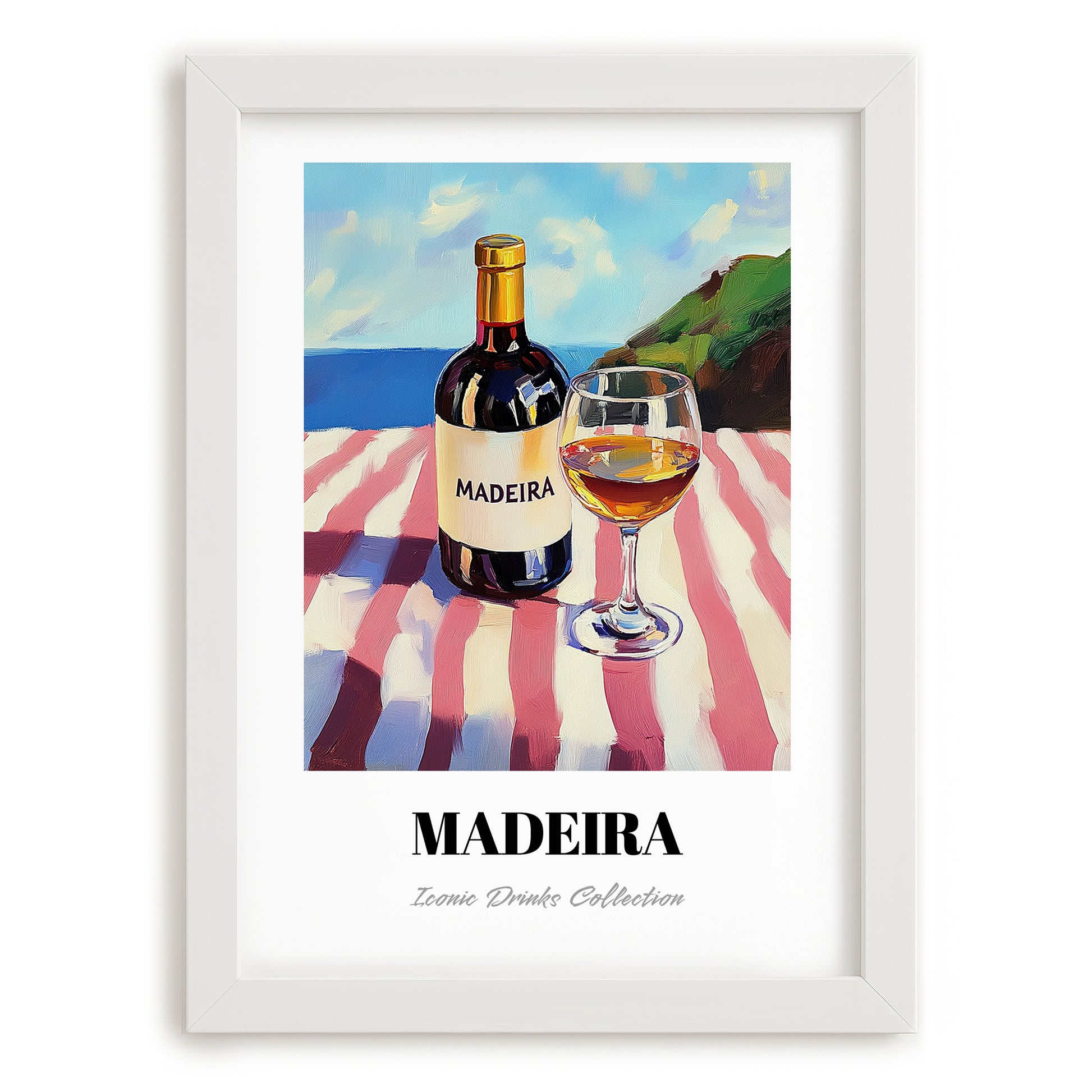 Madeira – Portuguese Coastal Table, Portuguese Dessert Wine Painting, placed in minimal white frame