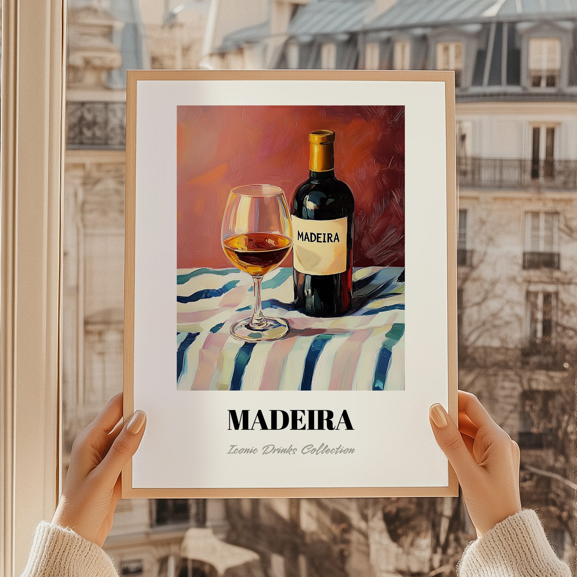 Madeira – on Striped Tablecloth, Portuguese Dessert Wine Print, styled in a charming Paris street view