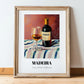 Madeira – on Striped Tablecloth, Portuguese Dessert Wine Print, in wooden frame leaning on the floor