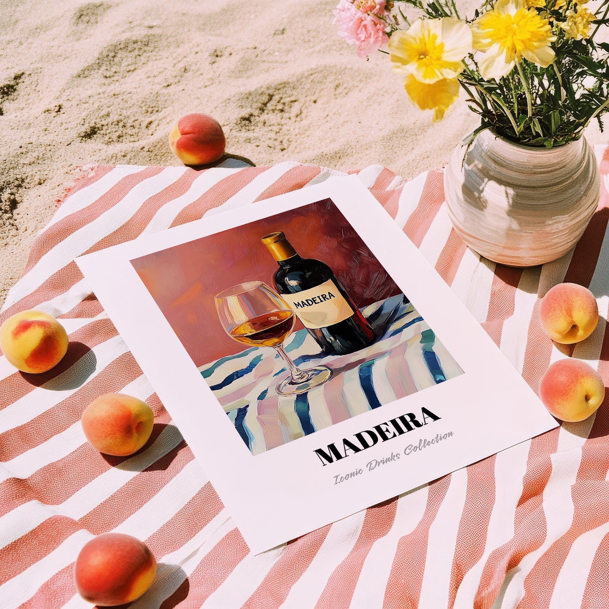 Madeira – on Striped Tablecloth, Portuguese Dessert Wine Print, unframed on coastal sand