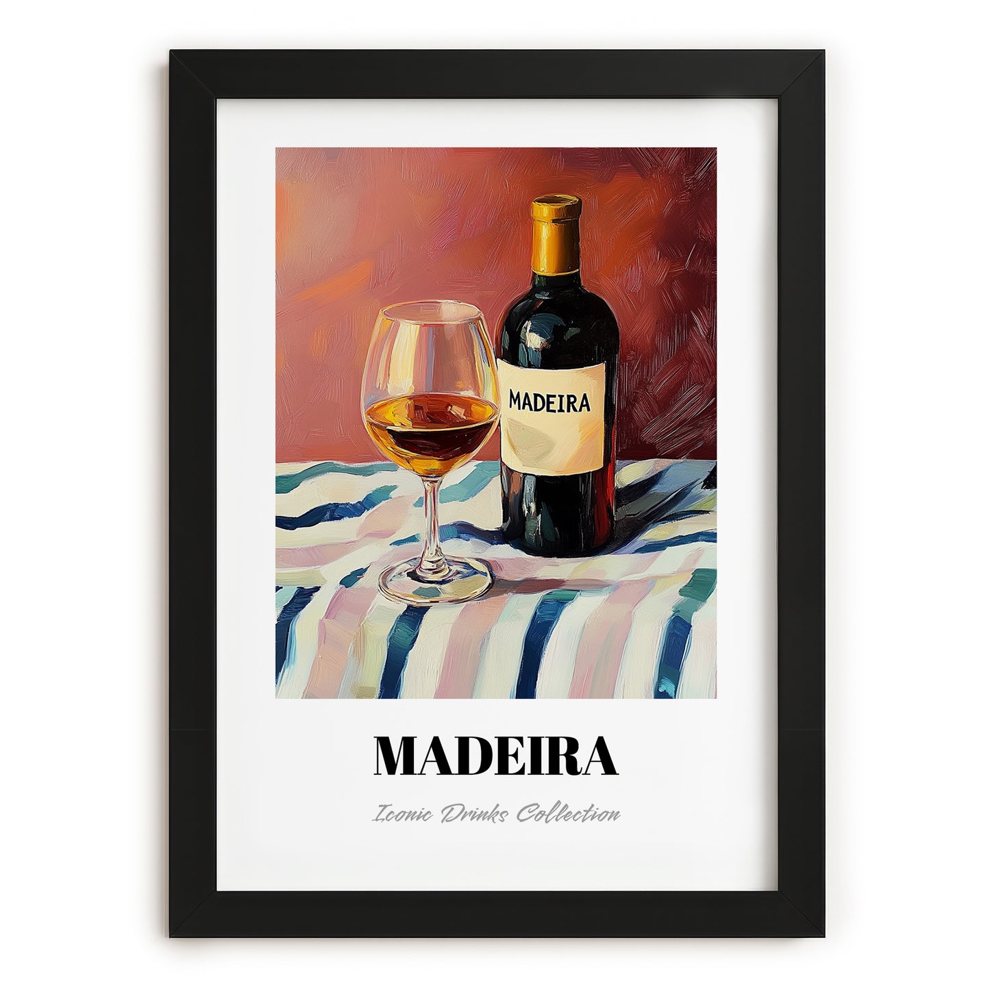 Madeira – on Striped Tablecloth, Portuguese Dessert Wine Print, in sleek black frame