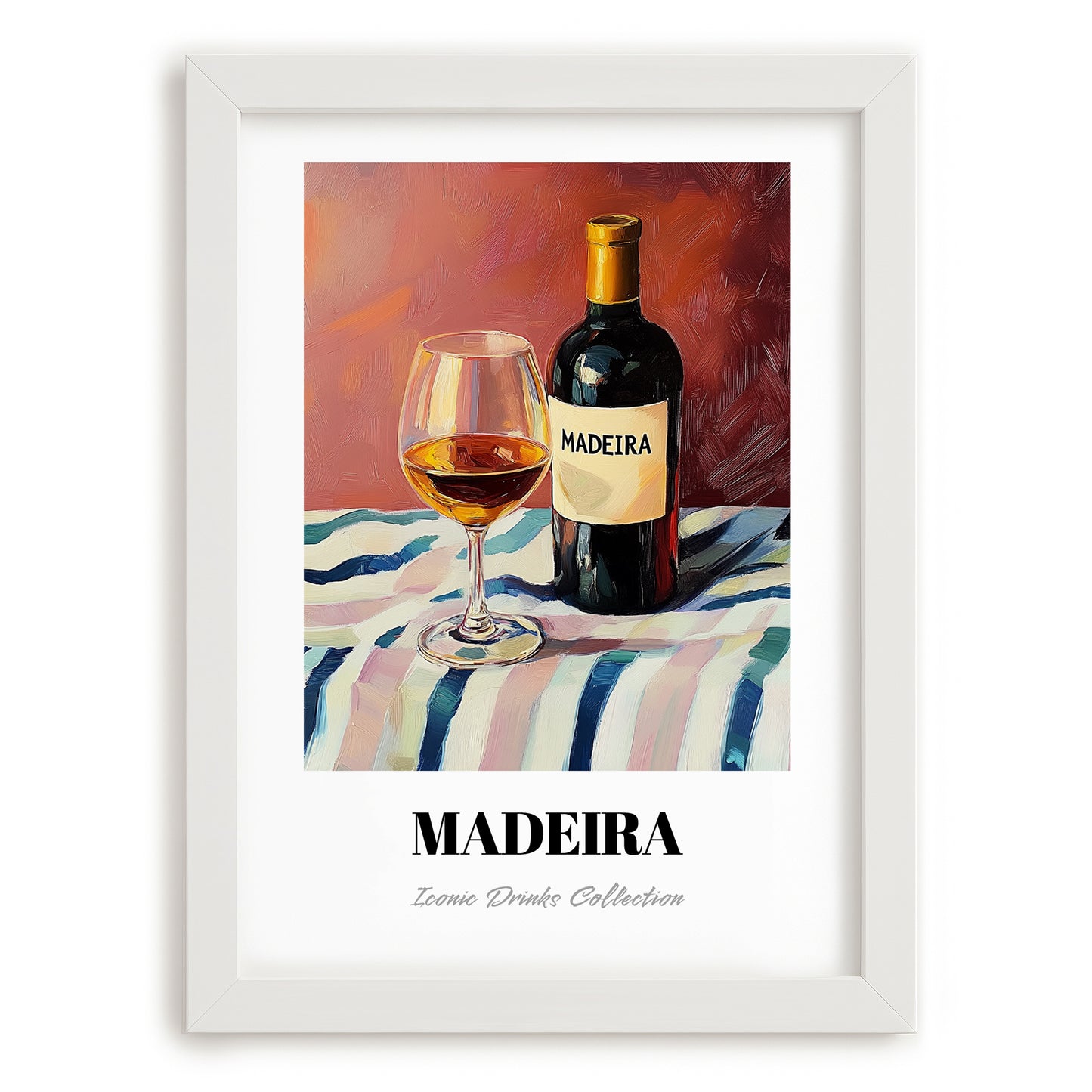 Madeira – on Striped Tablecloth, Portuguese Dessert Wine Print, placed in minimal white frame