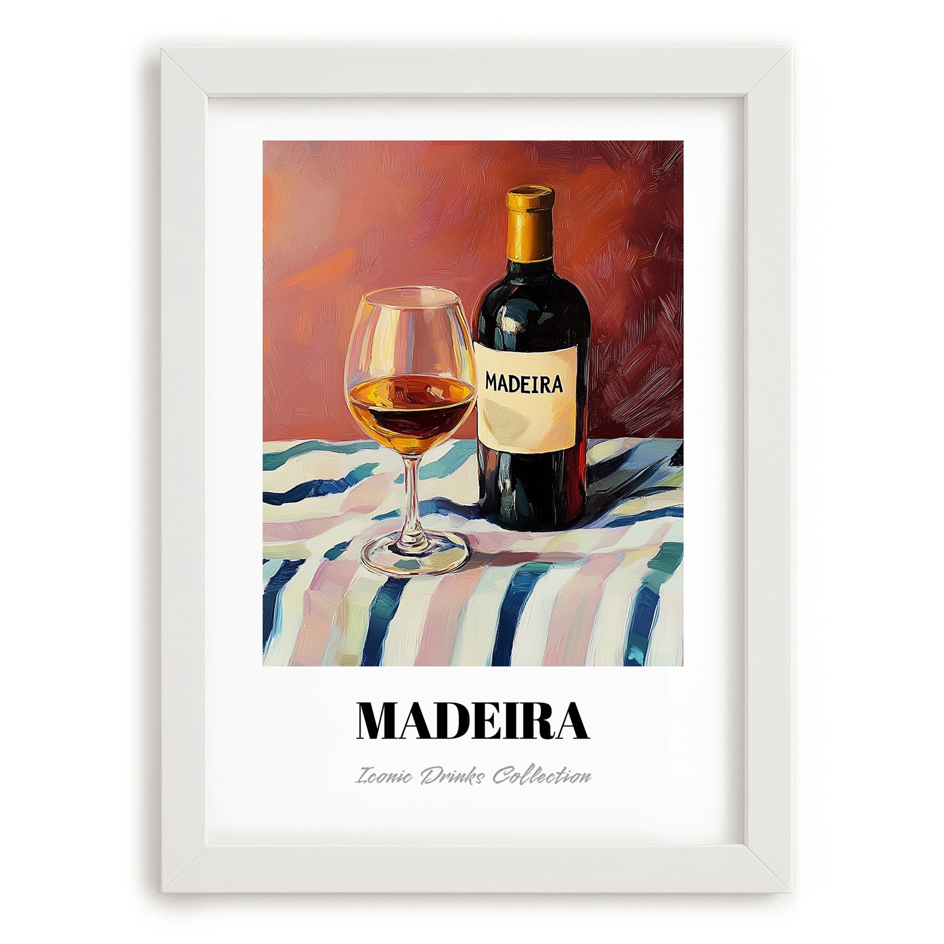 Madeira – on Striped Tablecloth, Portuguese Dessert Wine Print, placed in minimal white frame