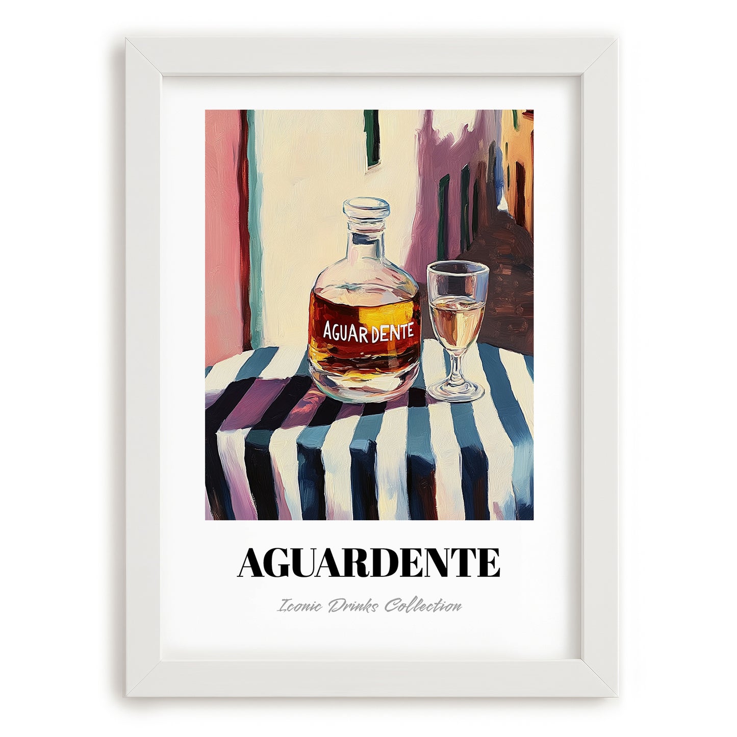 Aguardente – Portuguese Outdoor Café Scene, Portuguese Spirit Painting, placed in minimal white frame
