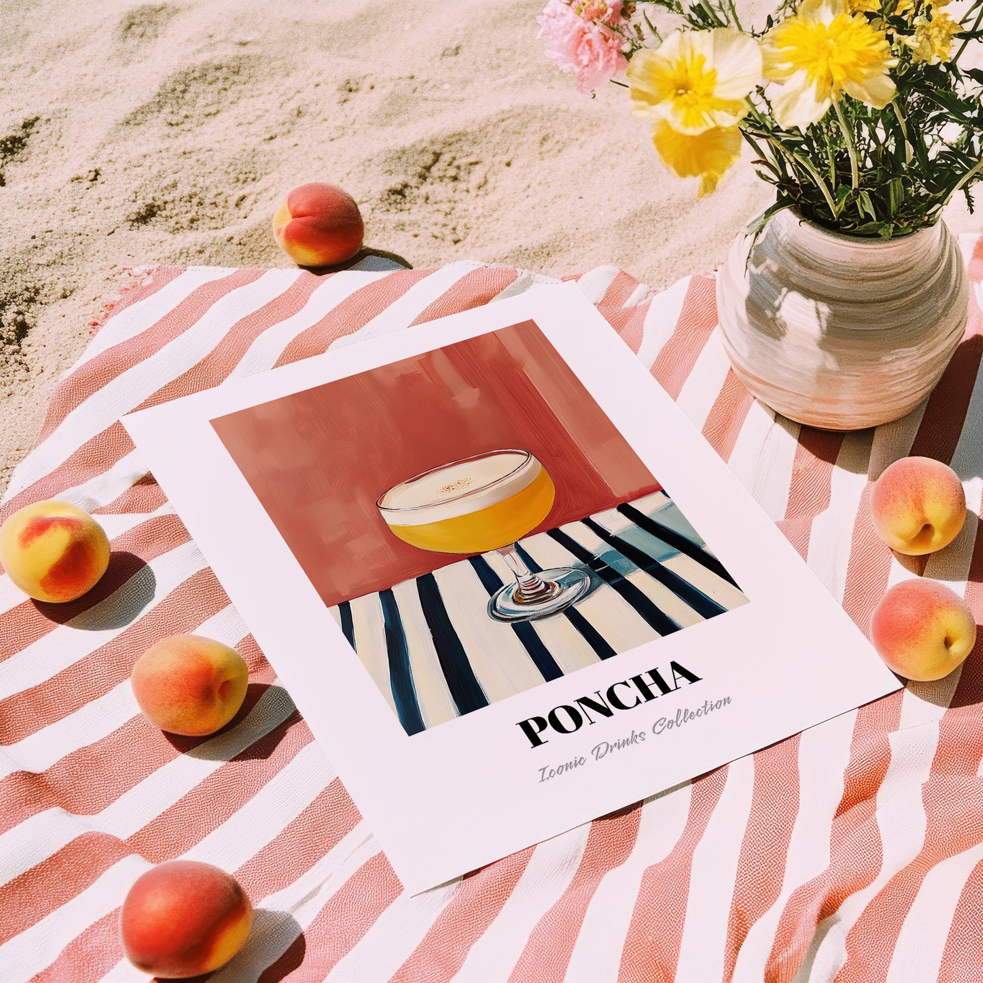 Poncha – on Striped Tablecloth, Portuguese Cocktail Poster, unframed on coastal sand