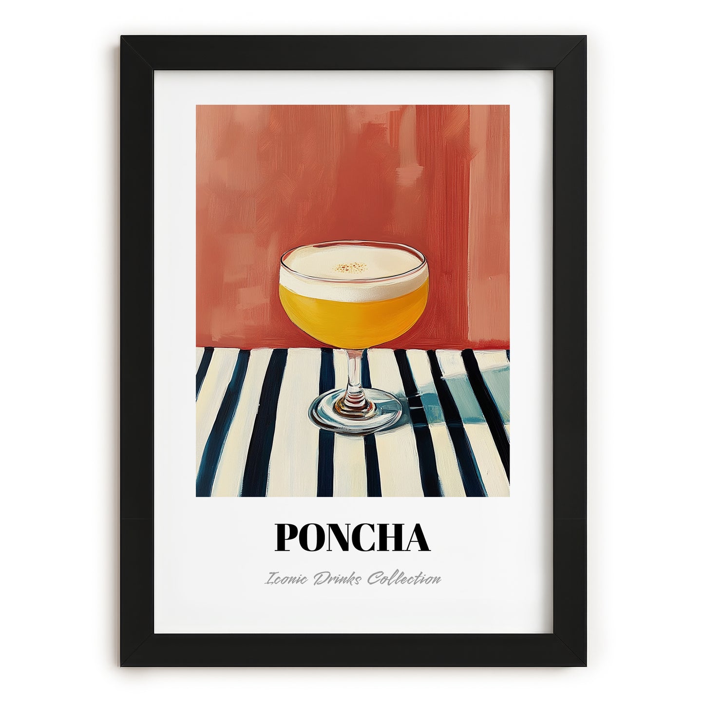 Poncha – on Striped Tablecloth, Portuguese Cocktail Poster, in sleek black frame