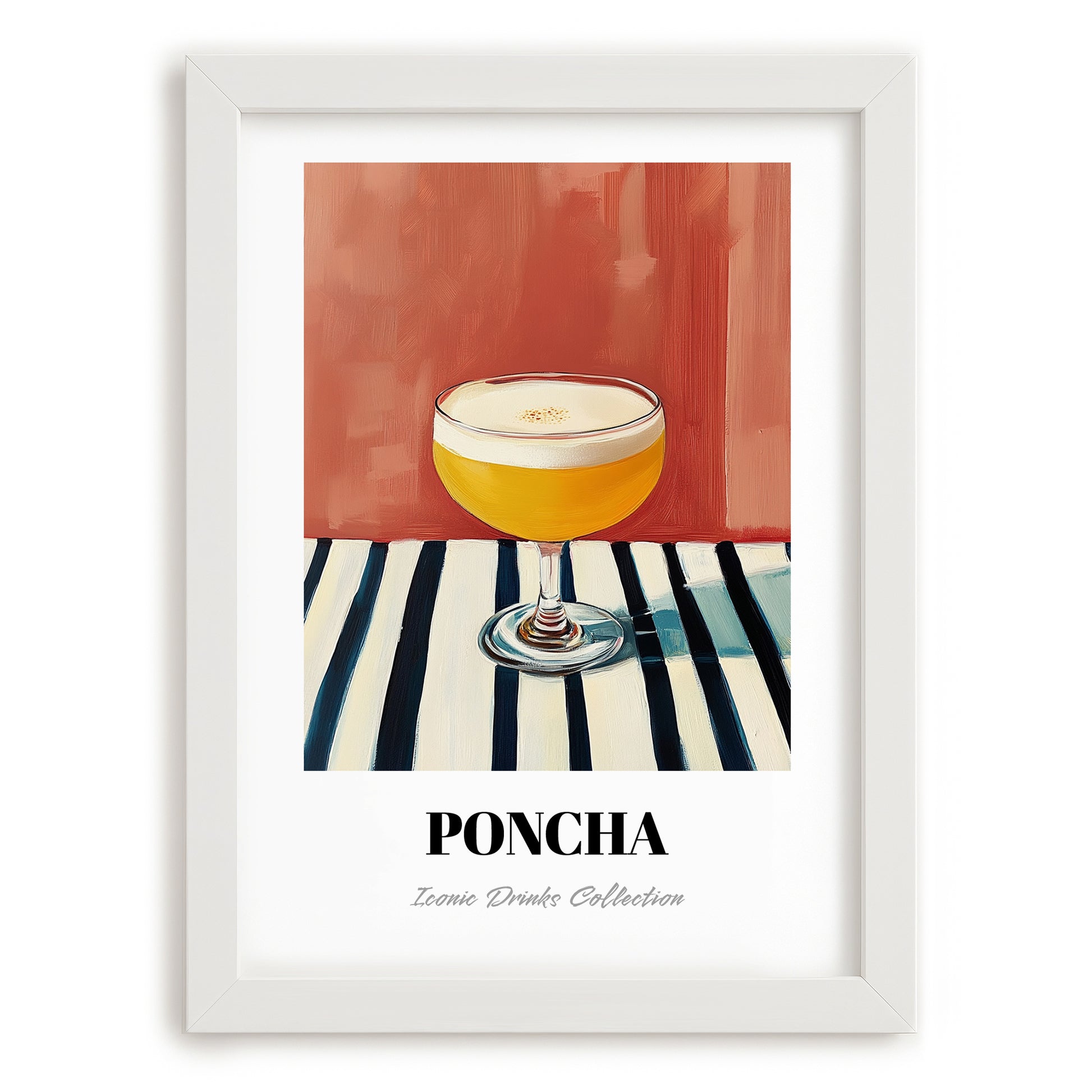 Poncha – on Striped Tablecloth, Portuguese Cocktail Poster, placed in minimal white frame