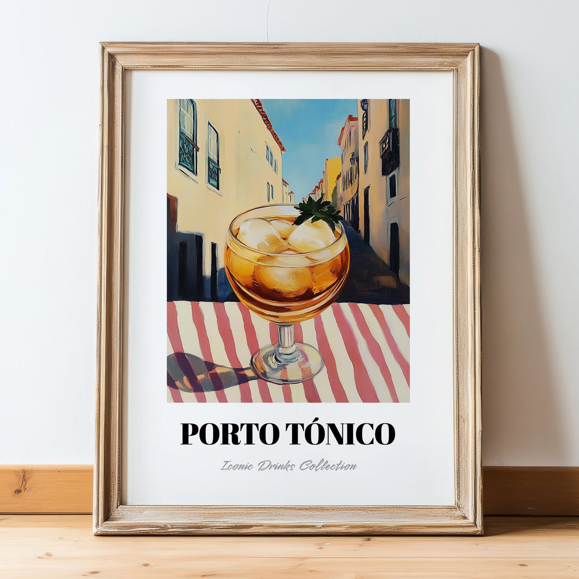Porto Tónico – Portuguese Outdoor Café Scene, Portuguese Cocktail Illustration, in wooden frame leaning on the floor