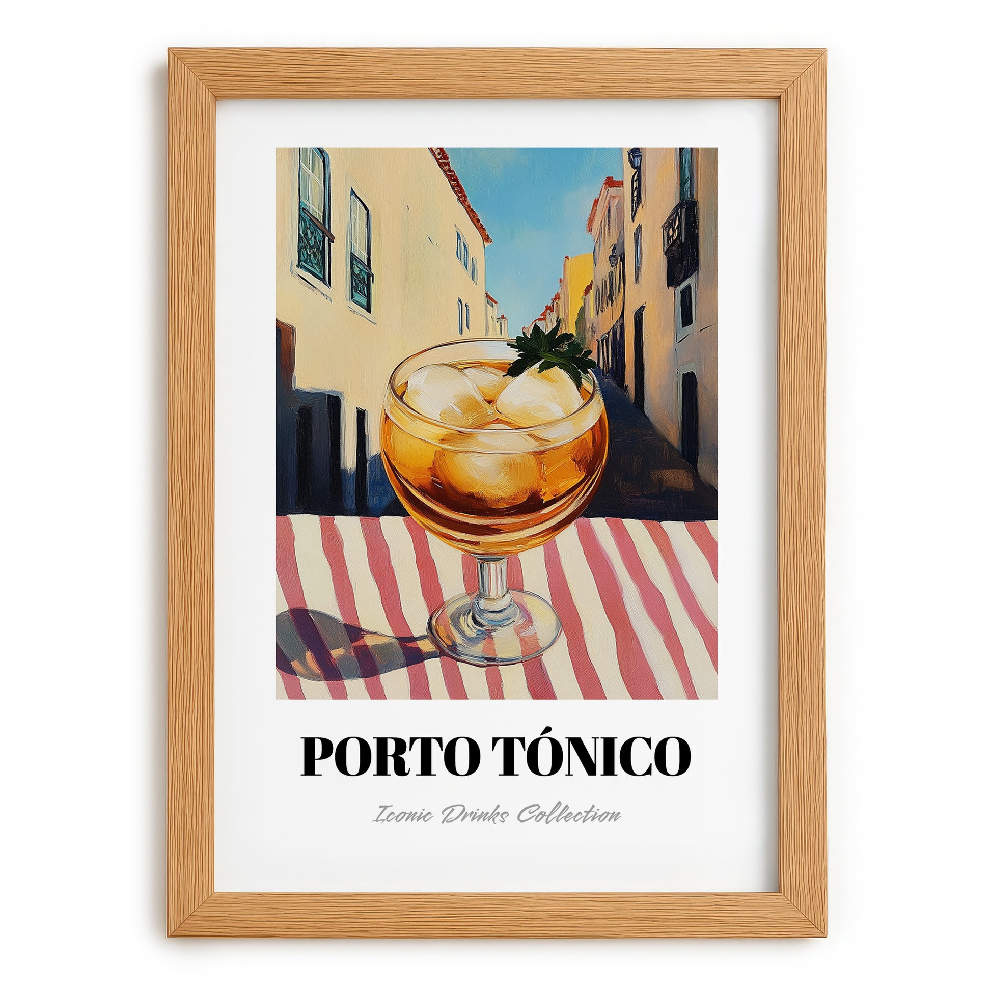 Porto Tónico – Portuguese Outdoor Café Scene, Portuguese Cocktail Illustration, set in oak frame