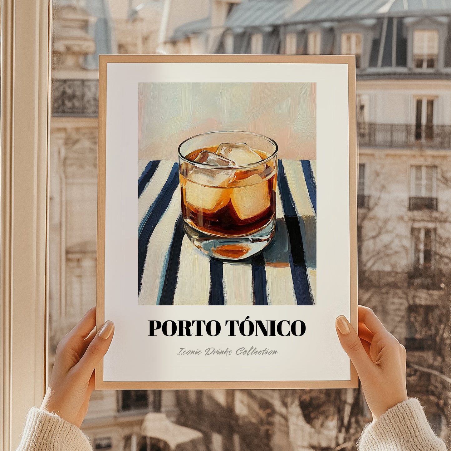 Porto Tónico – on Striped Tablecloth, Portuguese Cocktail Wall Art, styled in a charming Paris street view