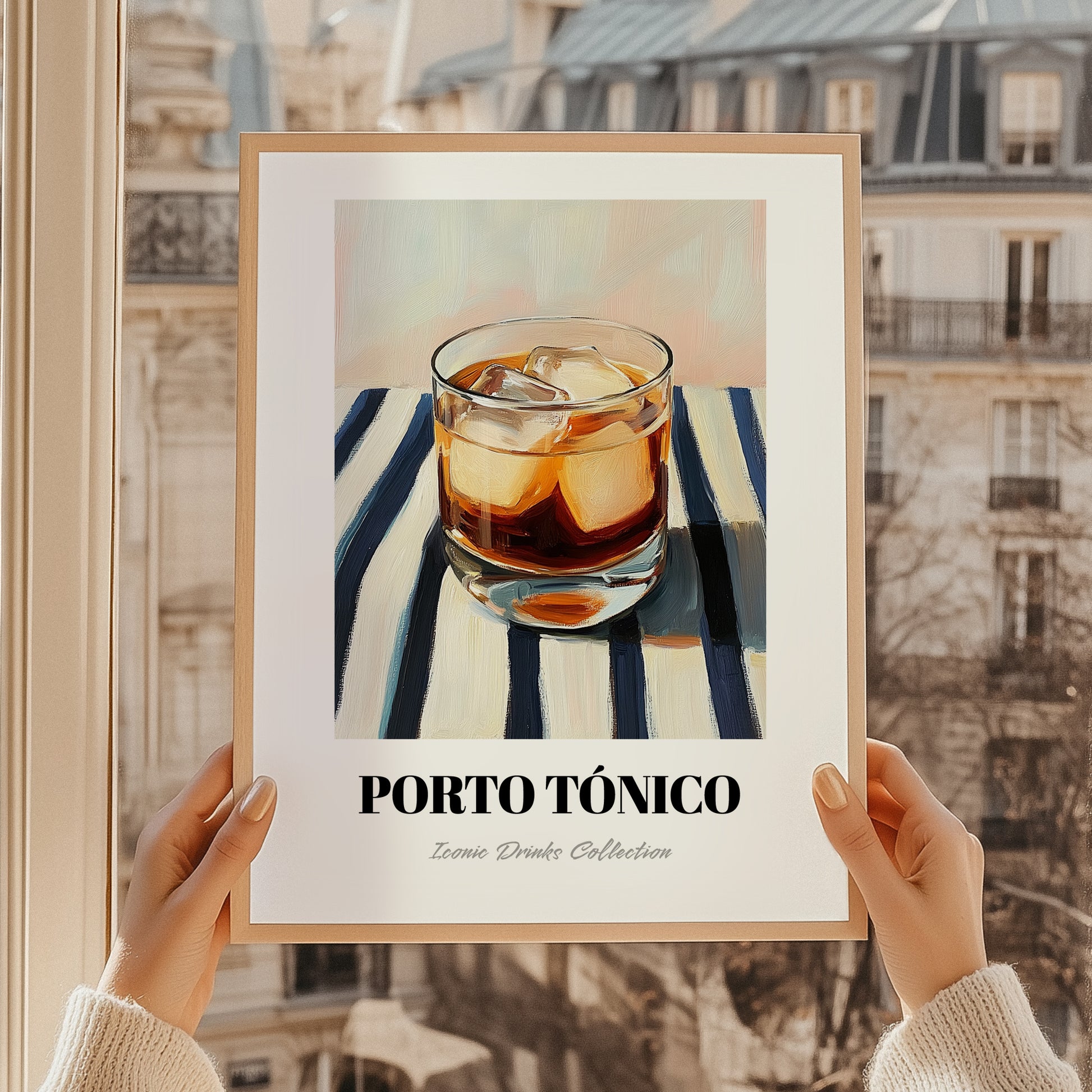 Porto Tónico – on Striped Tablecloth, Portuguese Cocktail Wall Art, styled in a charming Paris street view