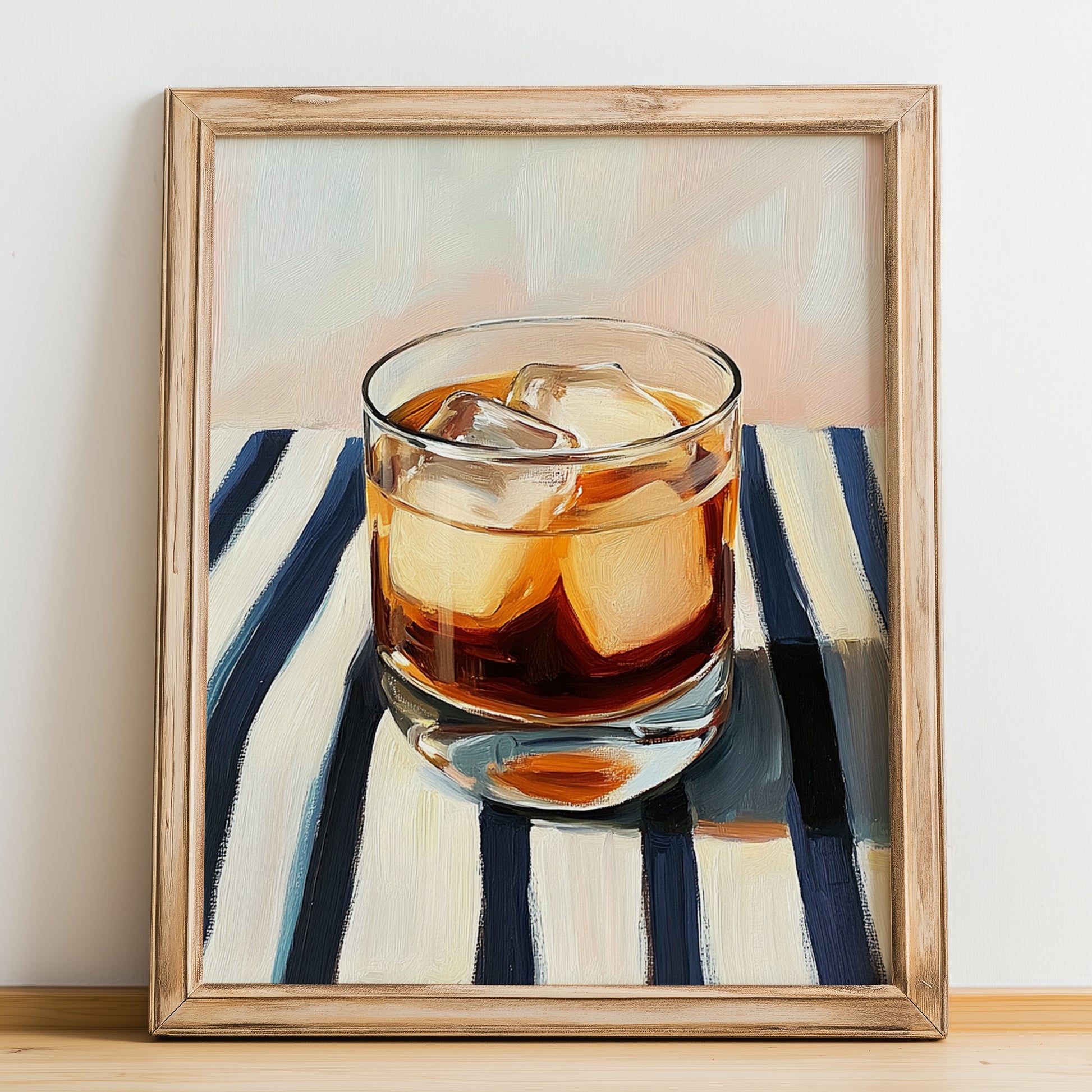 Porto Tónico – on Striped Tablecloth, Portuguese Cocktail Wall Art, no-text version framed in wood