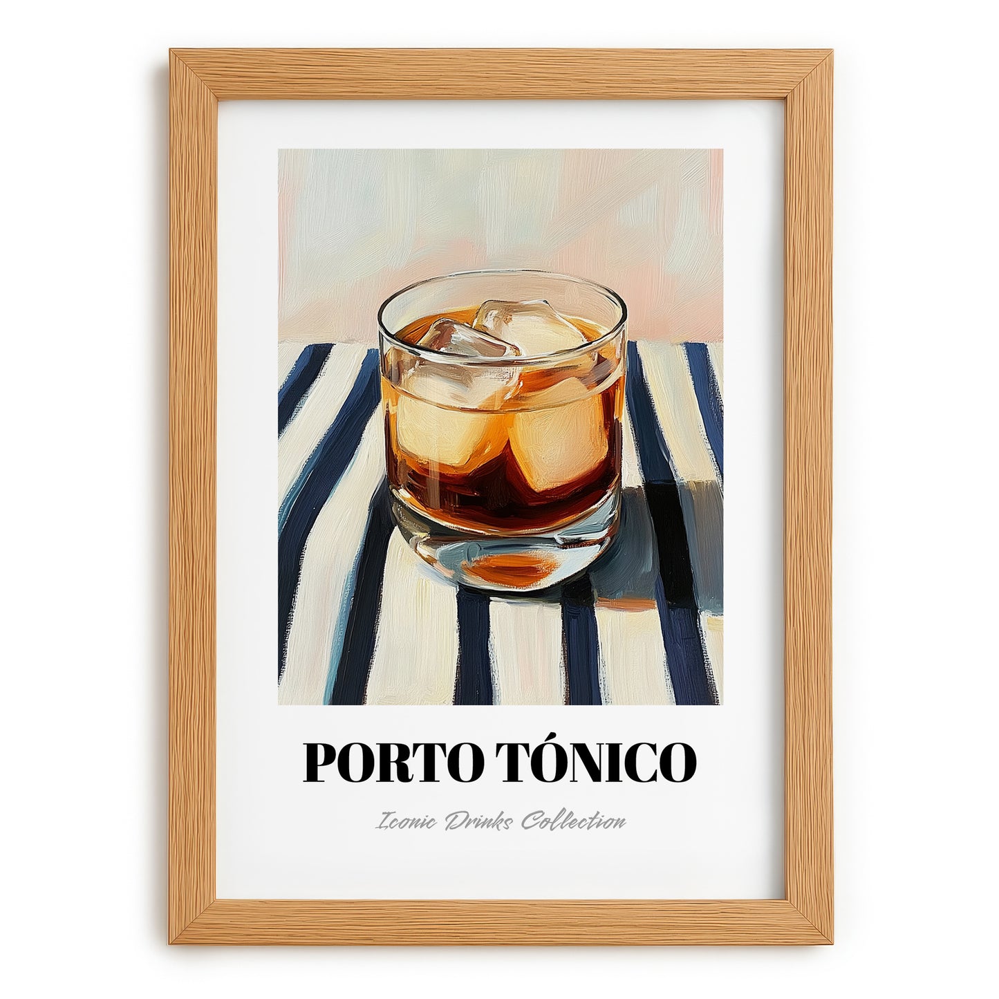 Porto Tónico – on Striped Tablecloth, Portuguese Cocktail Wall Art, set in oak frame
