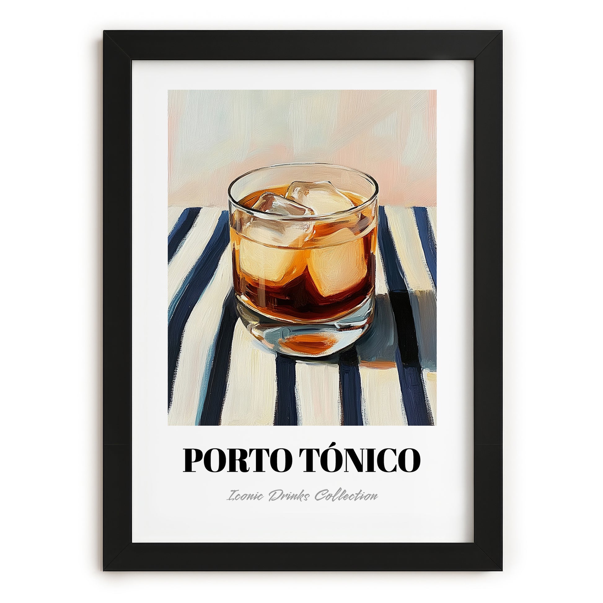 Porto Tónico – on Striped Tablecloth, Portuguese Cocktail Wall Art, in sleek black frame