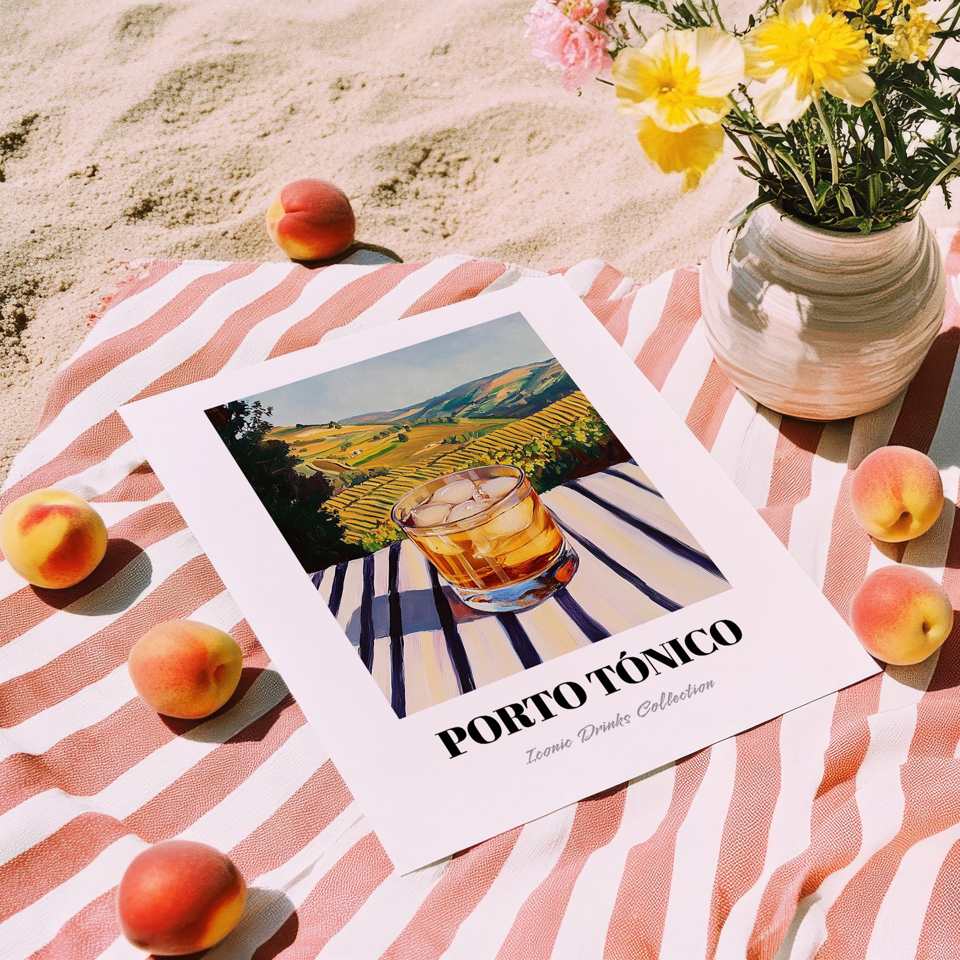 Porto Tónico – Portuguese Hilltop Table Scene, Portuguese Cocktail Wall Decor, unframed on coastal sand