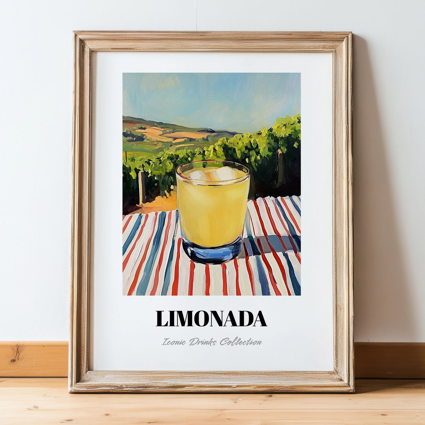 Limonada – Portuguese Hillside Café View, Portuguese Lemonade Painting, in wooden frame leaning on the floor