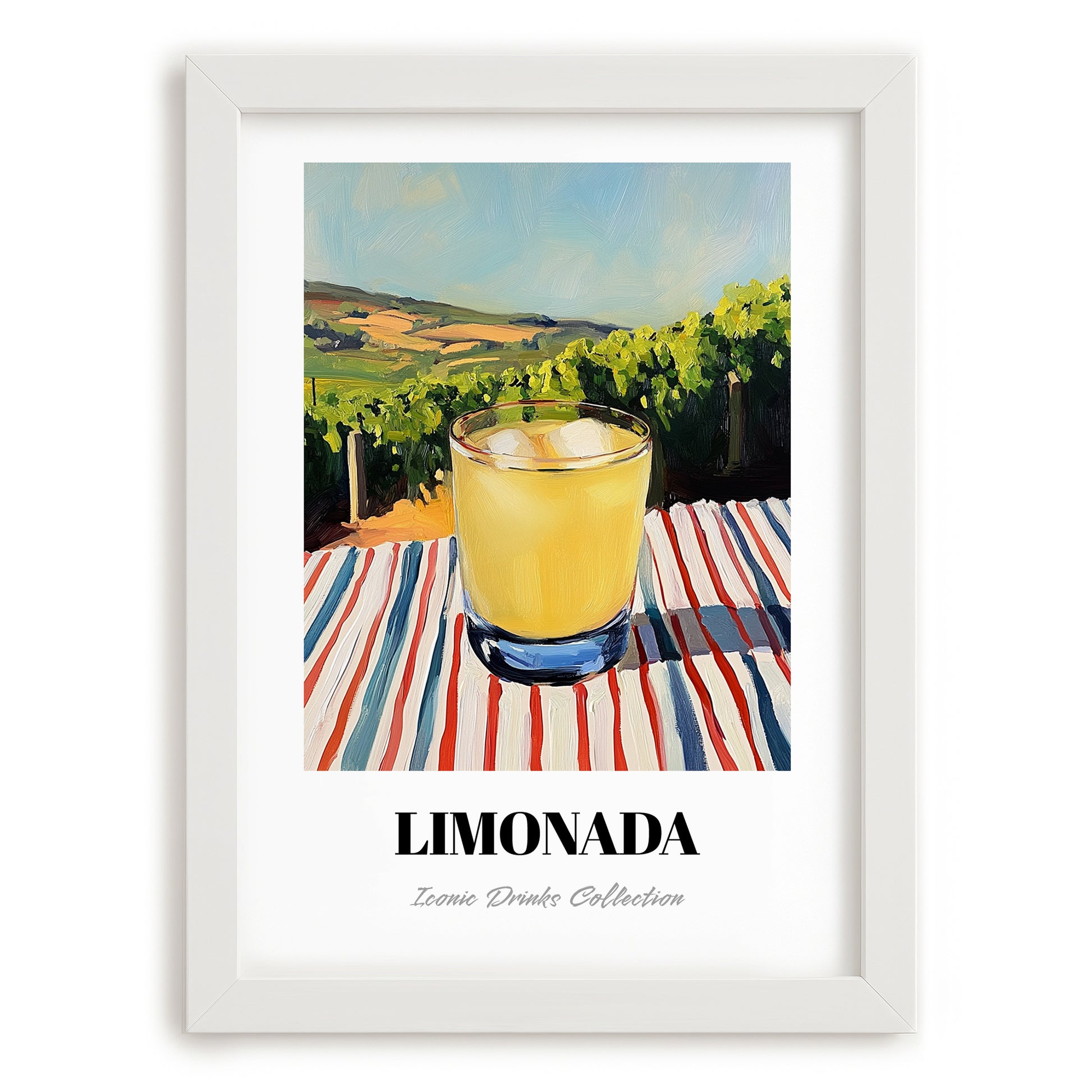 Limonada – Portuguese Hillside Café View, Portuguese Lemonade Painting, placed in minimal white frame