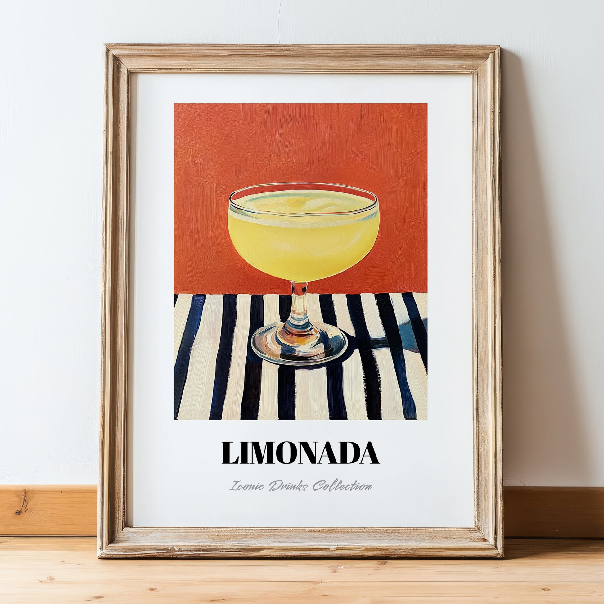 Limonada – on Striped Tablecloth, Portuguese Lemonade Decor, in wooden frame leaning on the floor