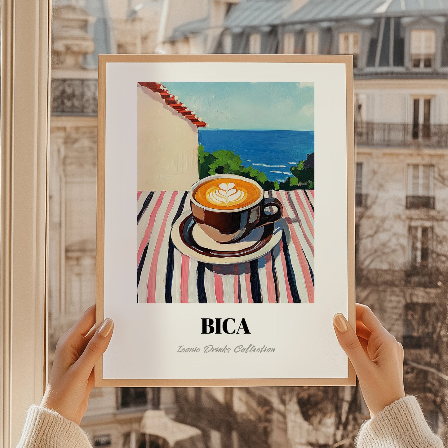 Bica – Portuguese Seaside Scene, Portuguese Coffee Wall Decor, styled in a charming Paris street view