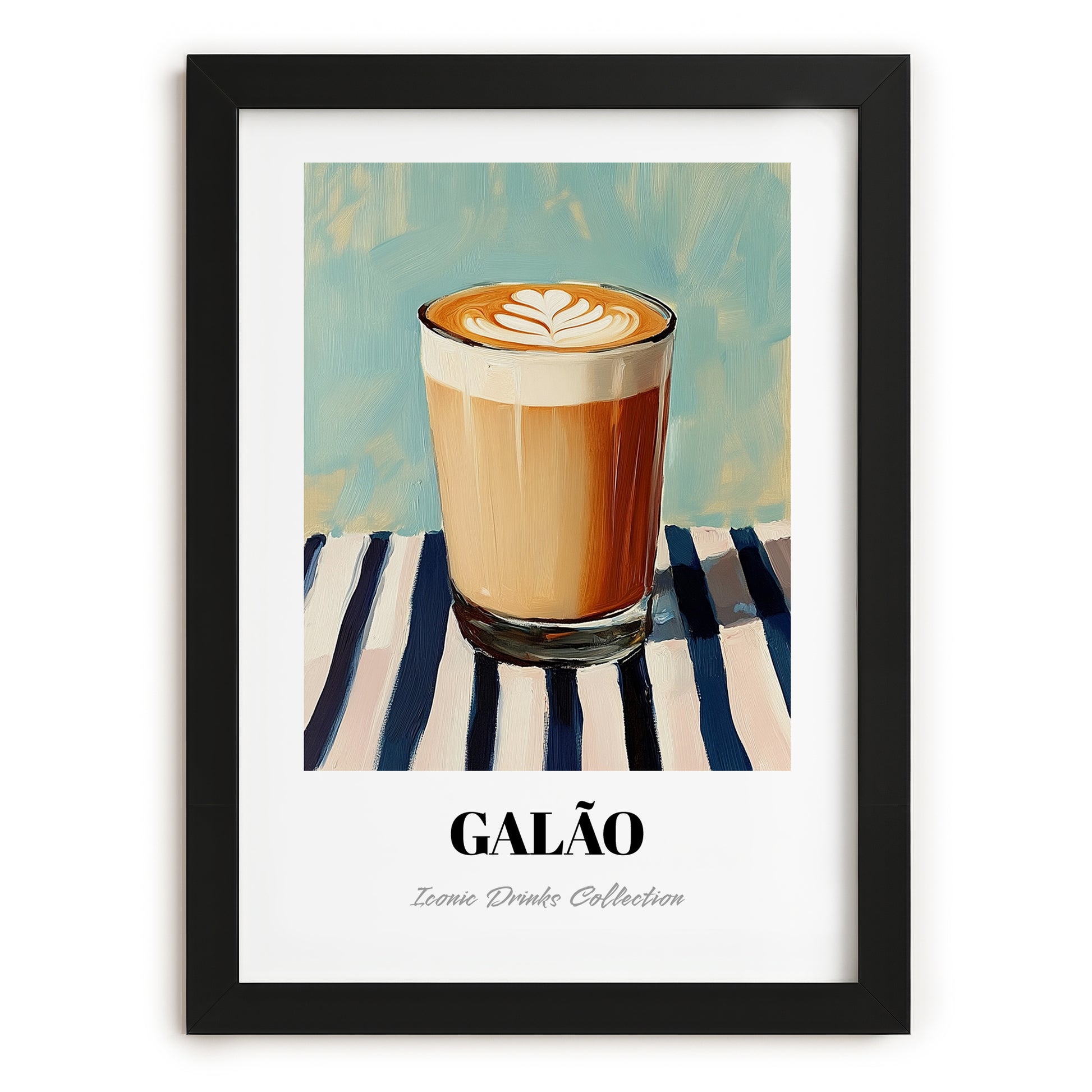 Galão – on Striped Tablecloth, Portuguese Coffee Wall Decor, in sleek black frame