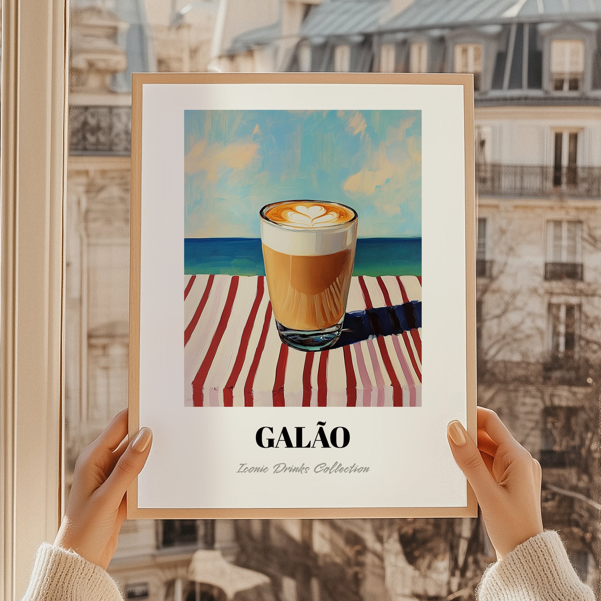 Galão – Portuguese Coastal Café Moment, Portuguese Coffee Painting, styled in a charming Paris street view
