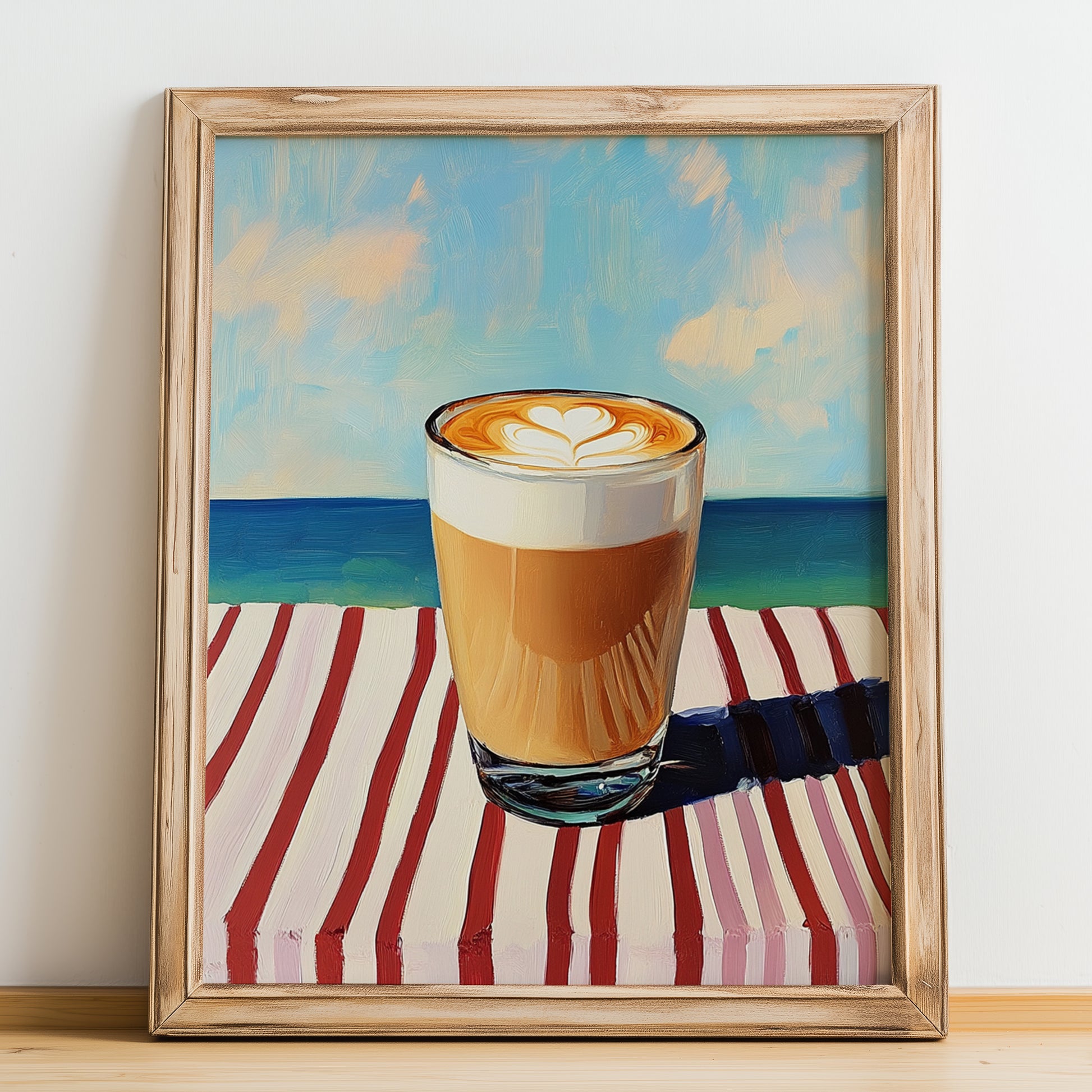Galão – Portuguese Coastal Café Moment, Portuguese Coffee Painting, no-text version framed in wood