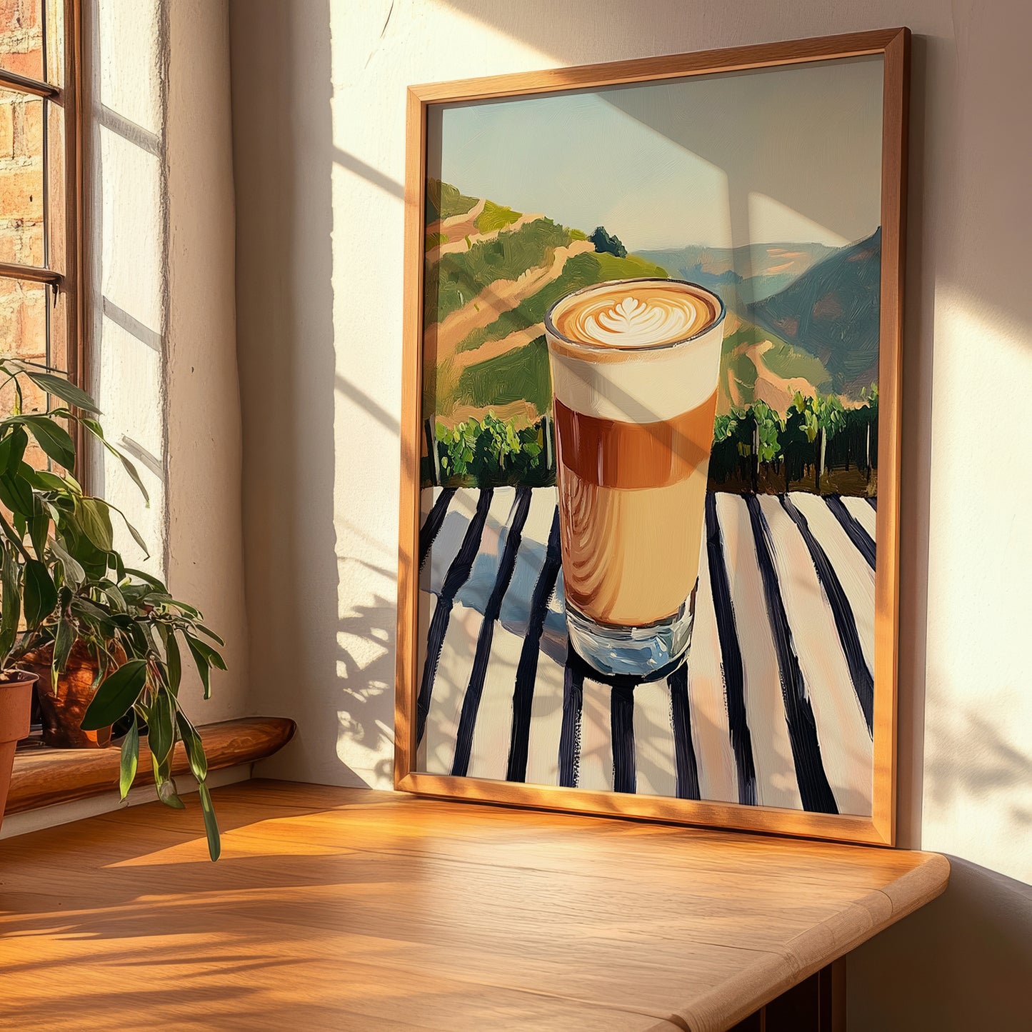 Galão – Portuguese Hillside Café View, Portuguese Coffee Illustration, clean layout with no caption