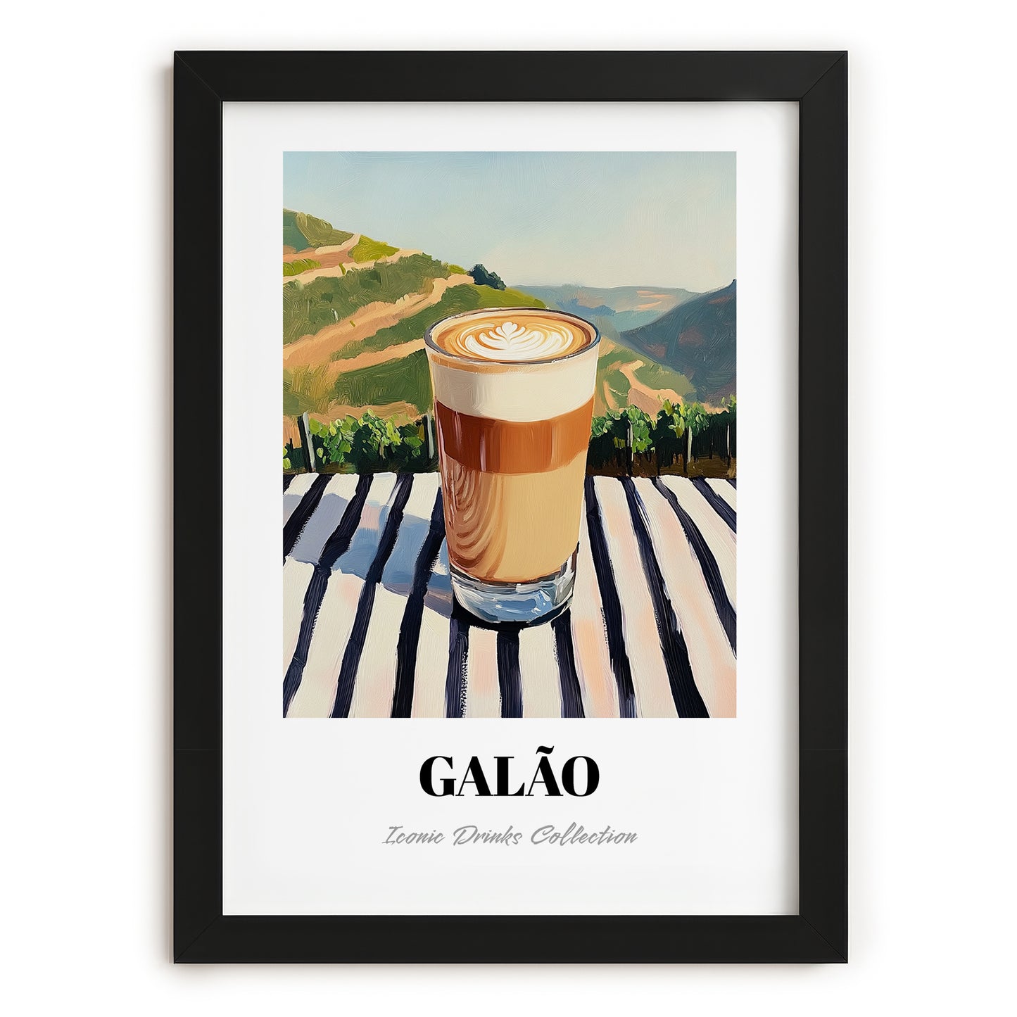Galão – Portuguese Hillside Café View, Portuguese Coffee Illustration, in sleek black frame