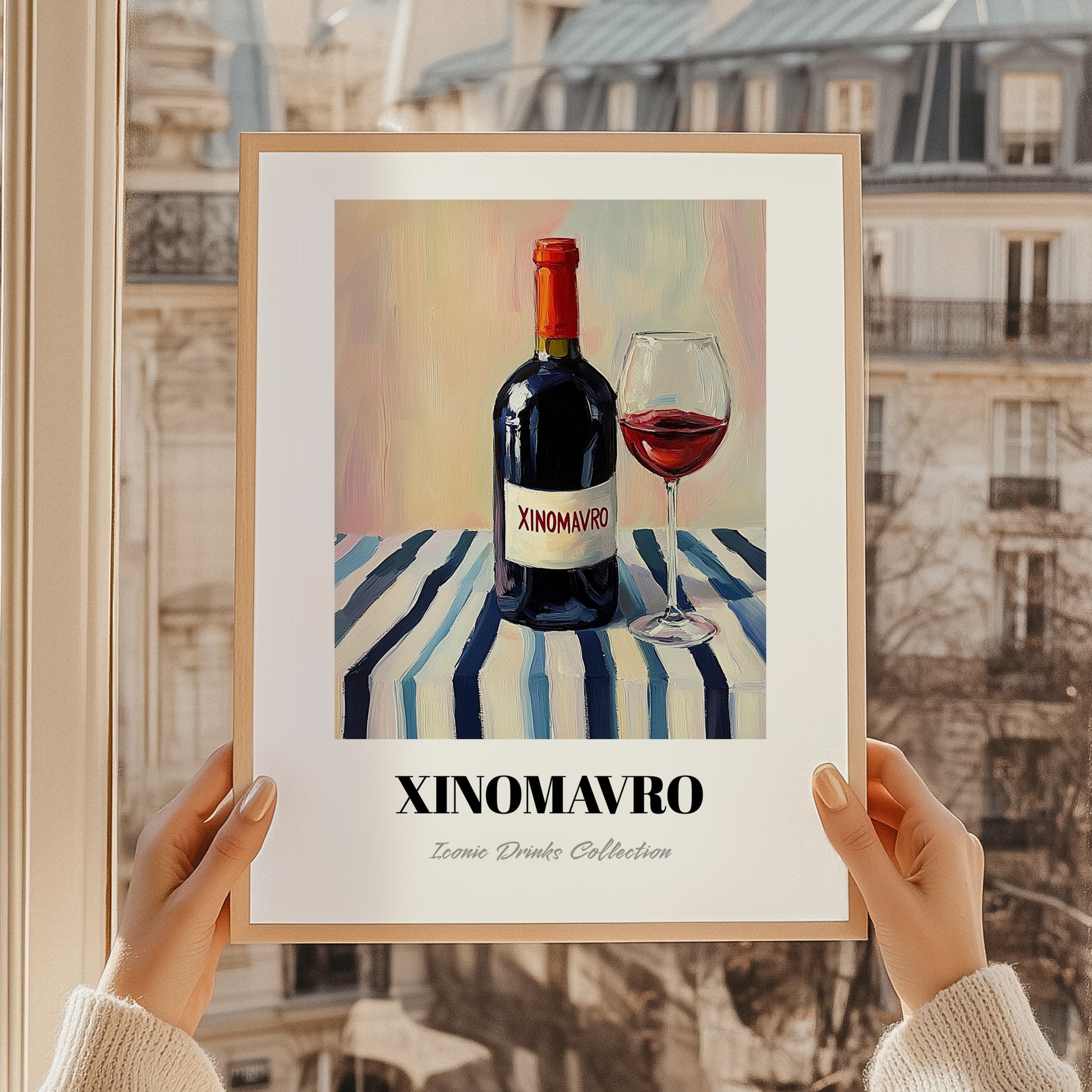 Xinomavro – on Striped Tablecloth, Greek Wine Wall Painting, styled in a charming Paris street view