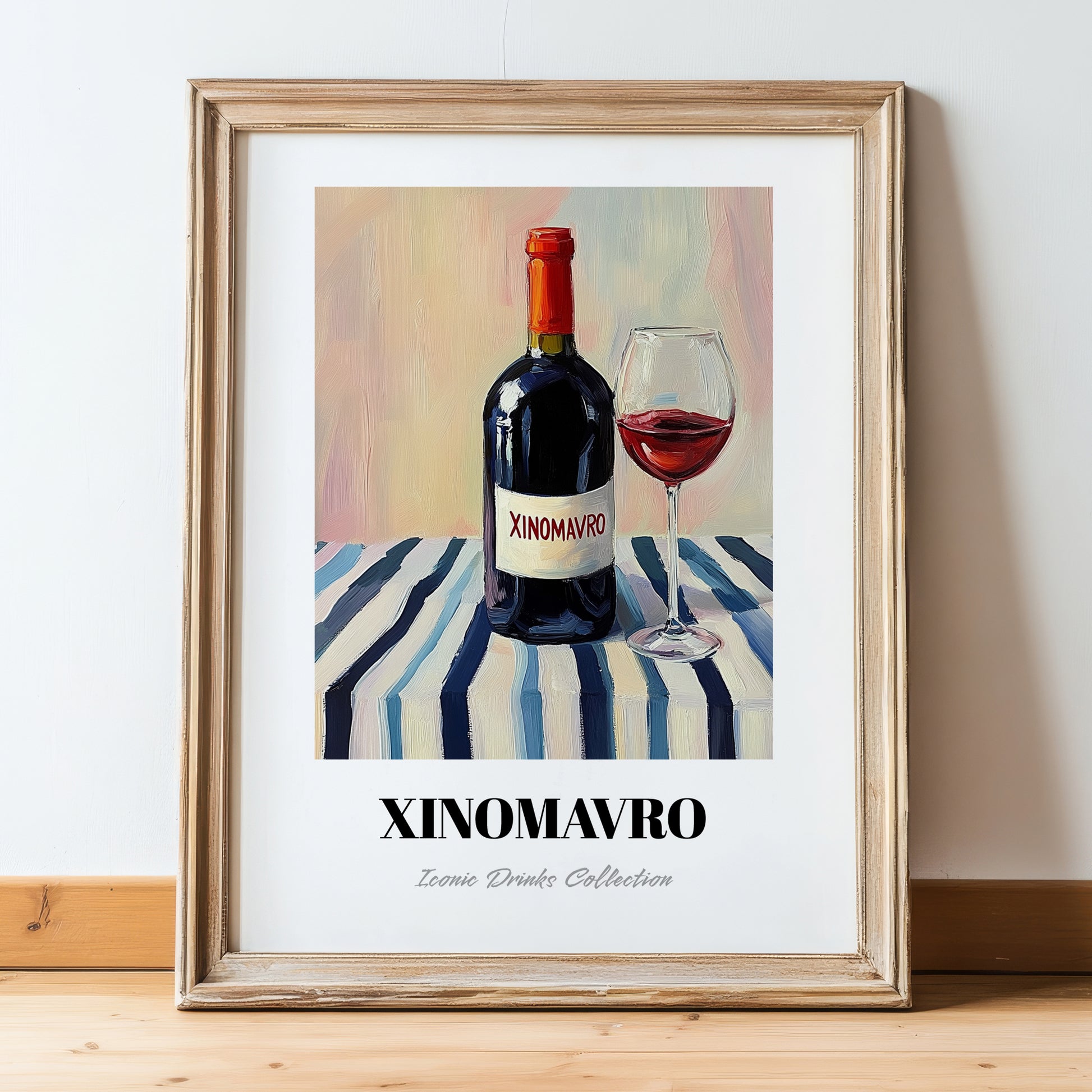 Xinomavro – on Striped Tablecloth, Greek Wine Wall Painting, in wooden frame leaning on the floor