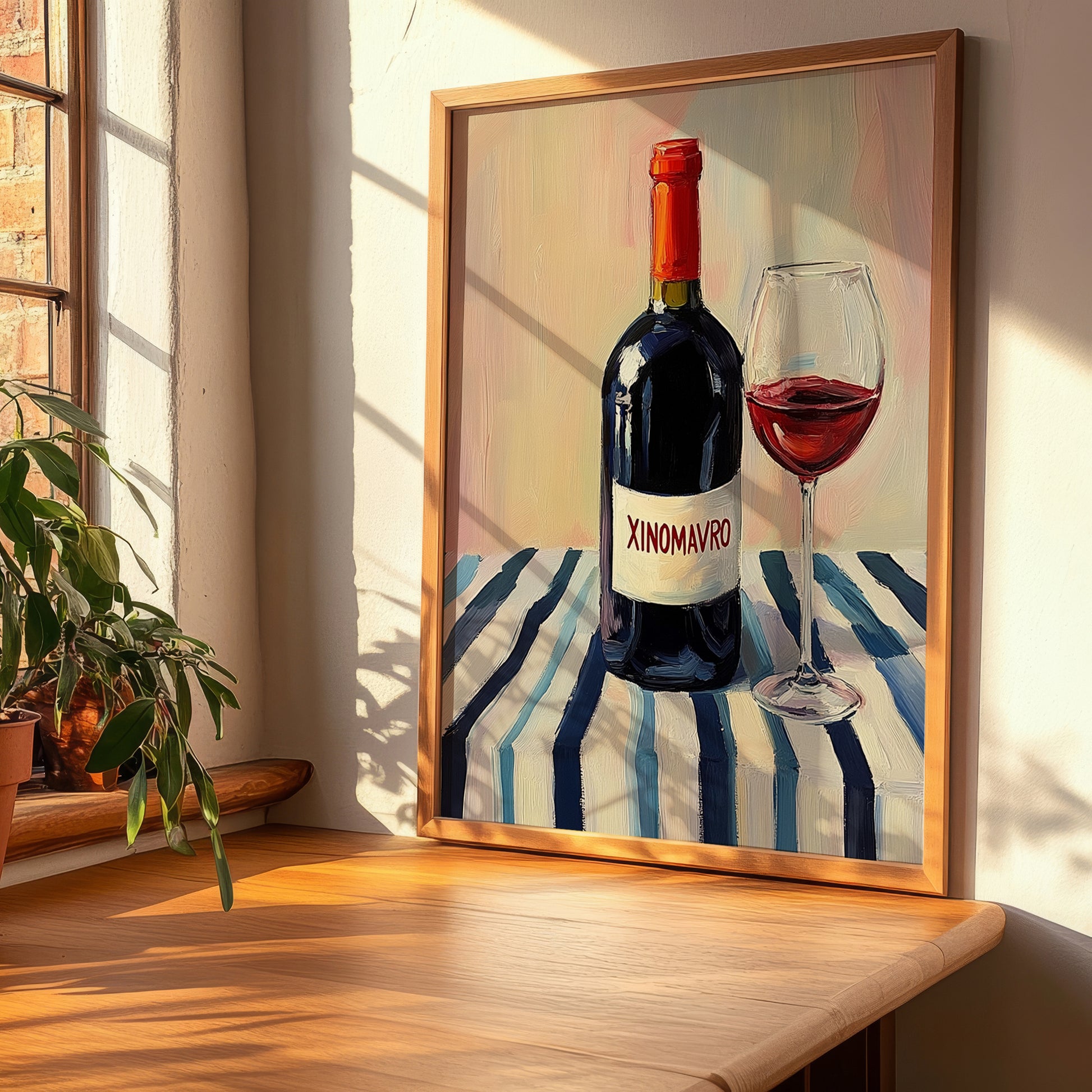 Xinomavro – on Striped Tablecloth, Greek Wine Wall Painting, clean layout with no caption