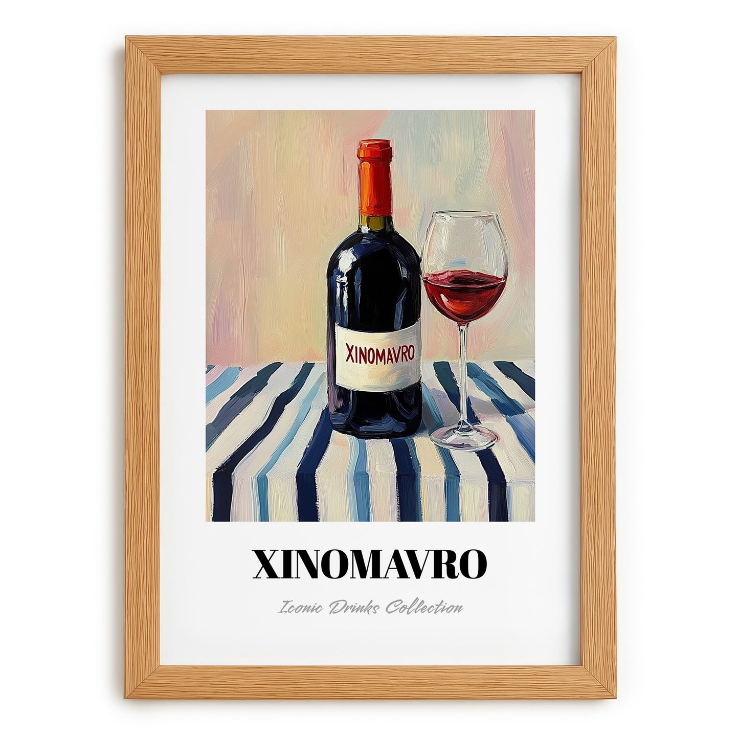 Xinomavro – on Striped Tablecloth, Greek Wine Wall Painting, set in oak frame