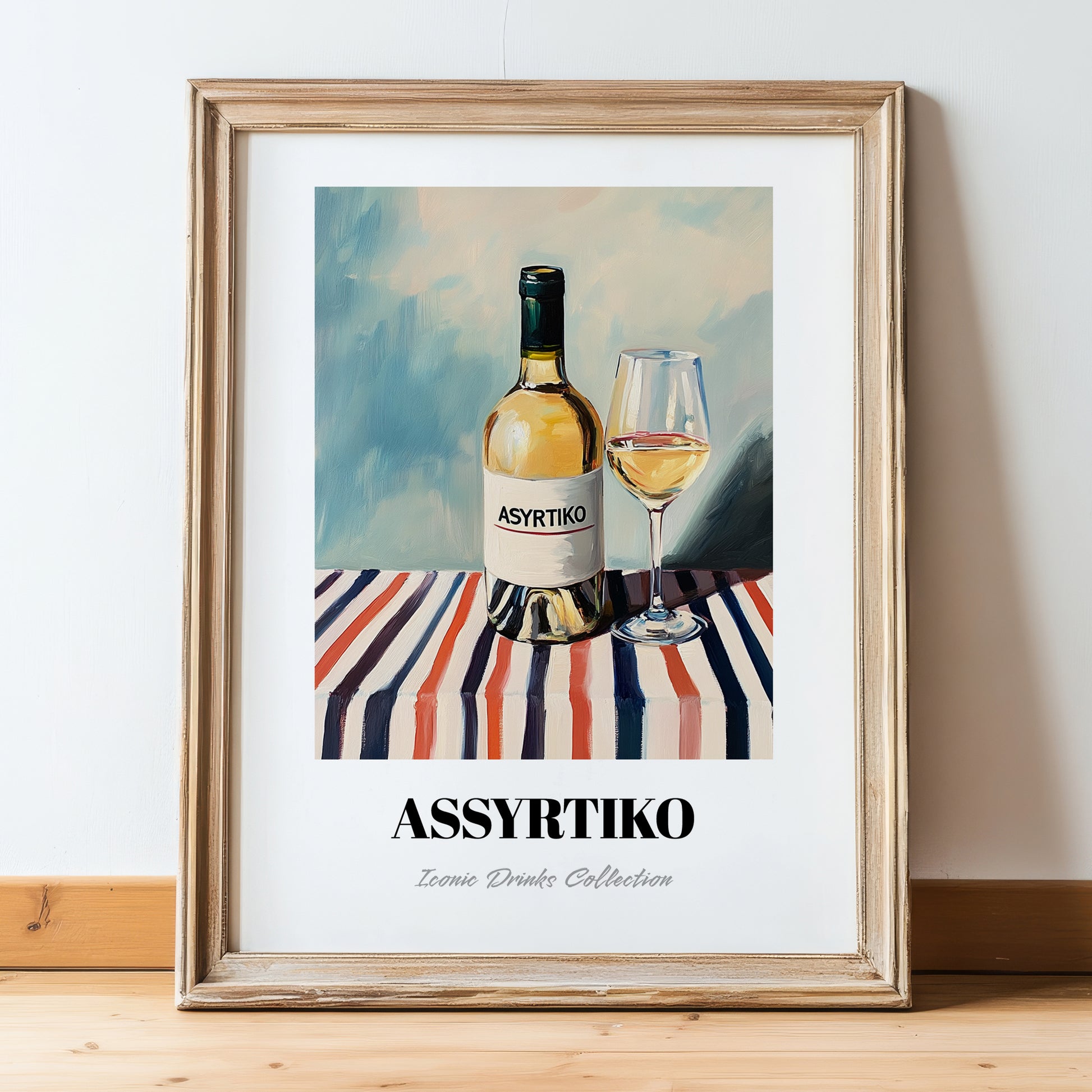 Assyrtiko – on Striped Tablecloth, Greek Wine Painting, in wooden frame leaning on the floor