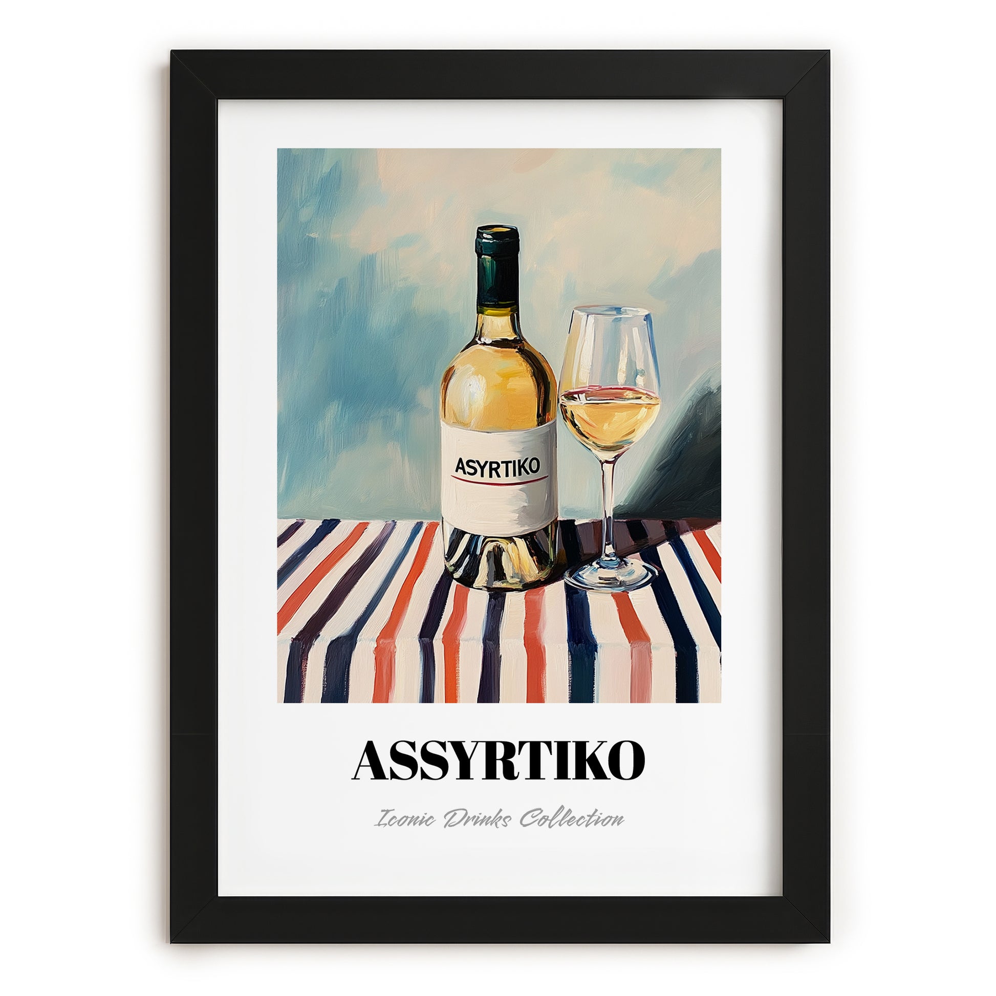 Assyrtiko – on Striped Tablecloth, Greek Wine Painting, in sleek black frame