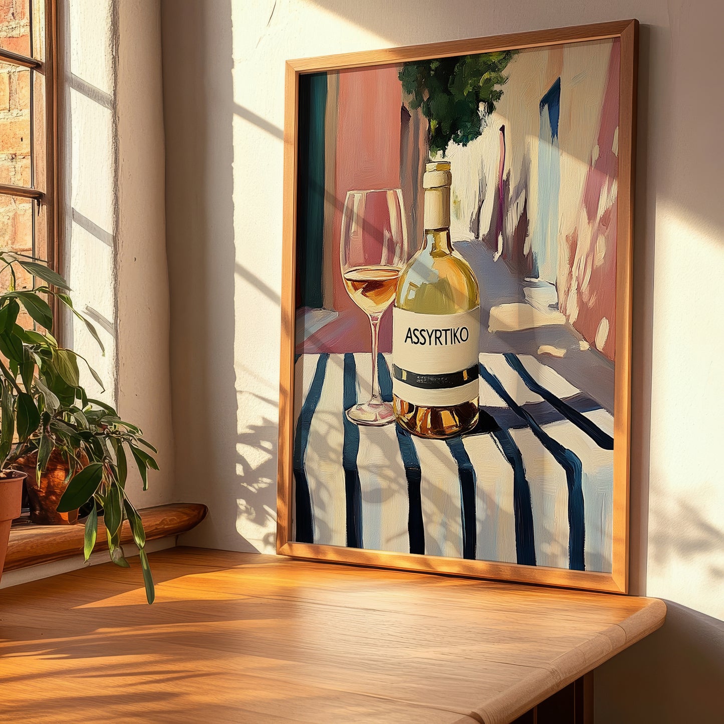 Assyrtiko – Greek Outdoor Café Scene, Greek Wine Still Life, clean layout with no caption