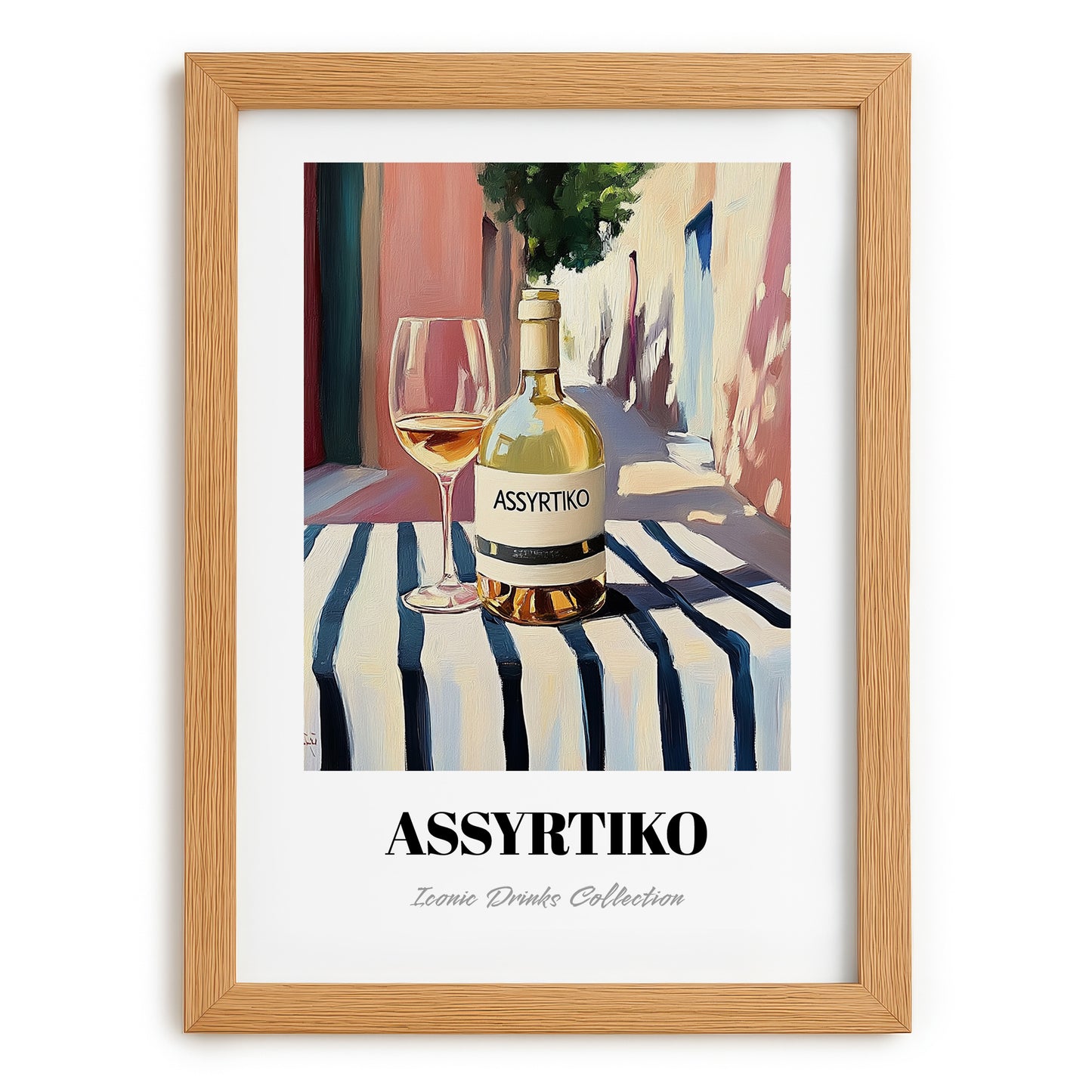 Assyrtiko – Greek Outdoor Café Scene, Greek Wine Still Life, set in oak frame