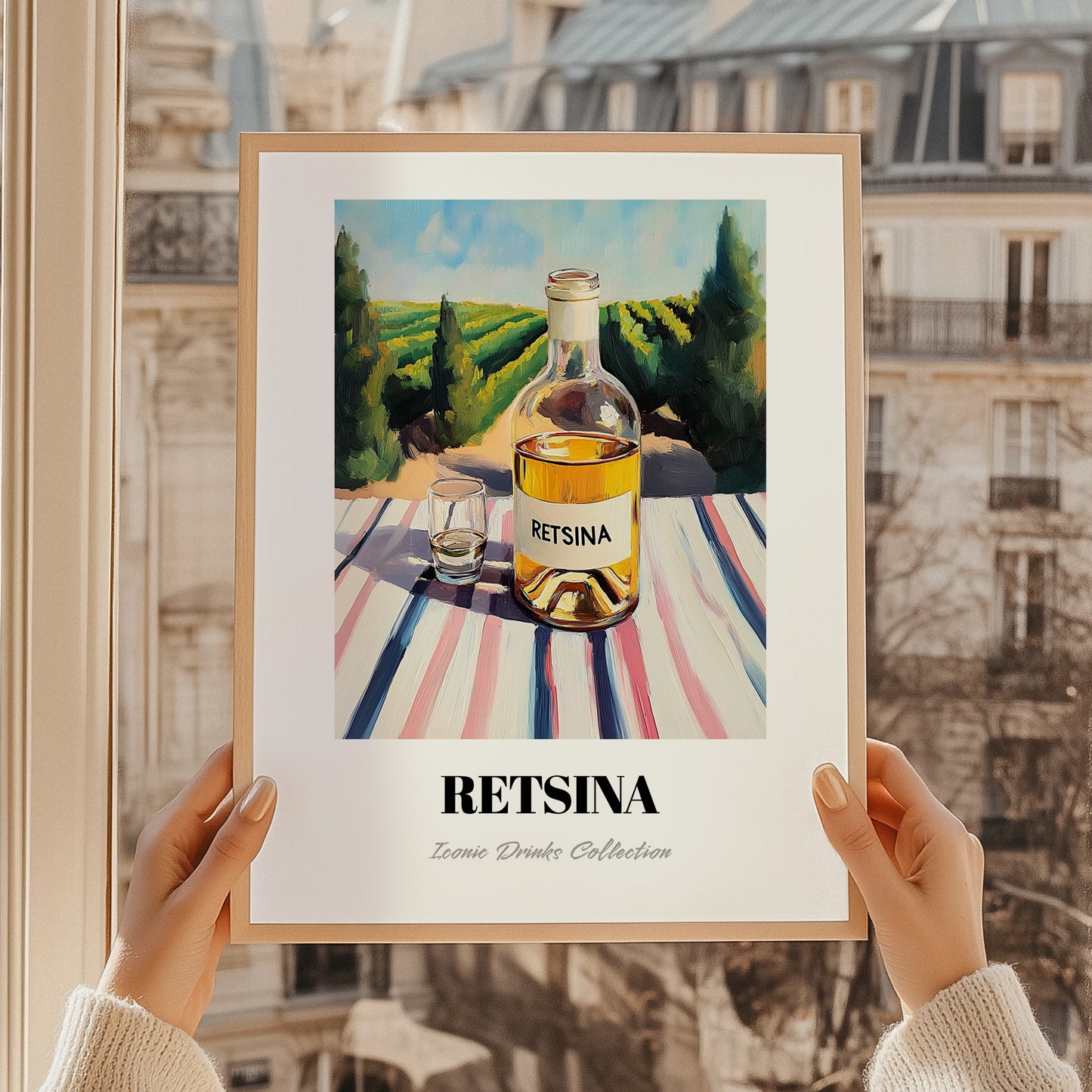 Retsina – Greek Hilltop Table Scene, Greek Wine Still Life, styled in a charming Paris street view