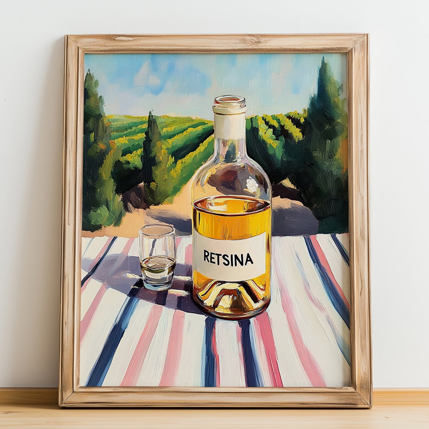 Retsina – Greek Hilltop Table Scene, Greek Wine Still Life, no-text version framed in wood