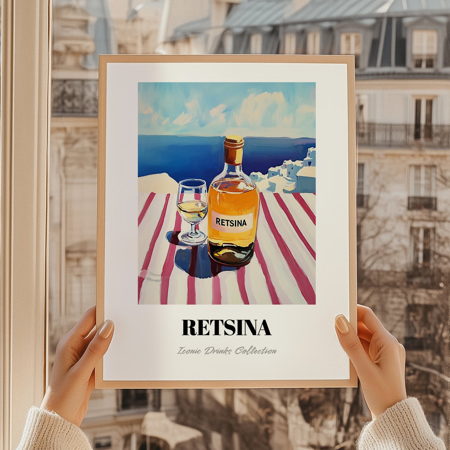 Retsina – Greek Coastal Table, Greek Wine Illustration, styled in a charming Paris street view