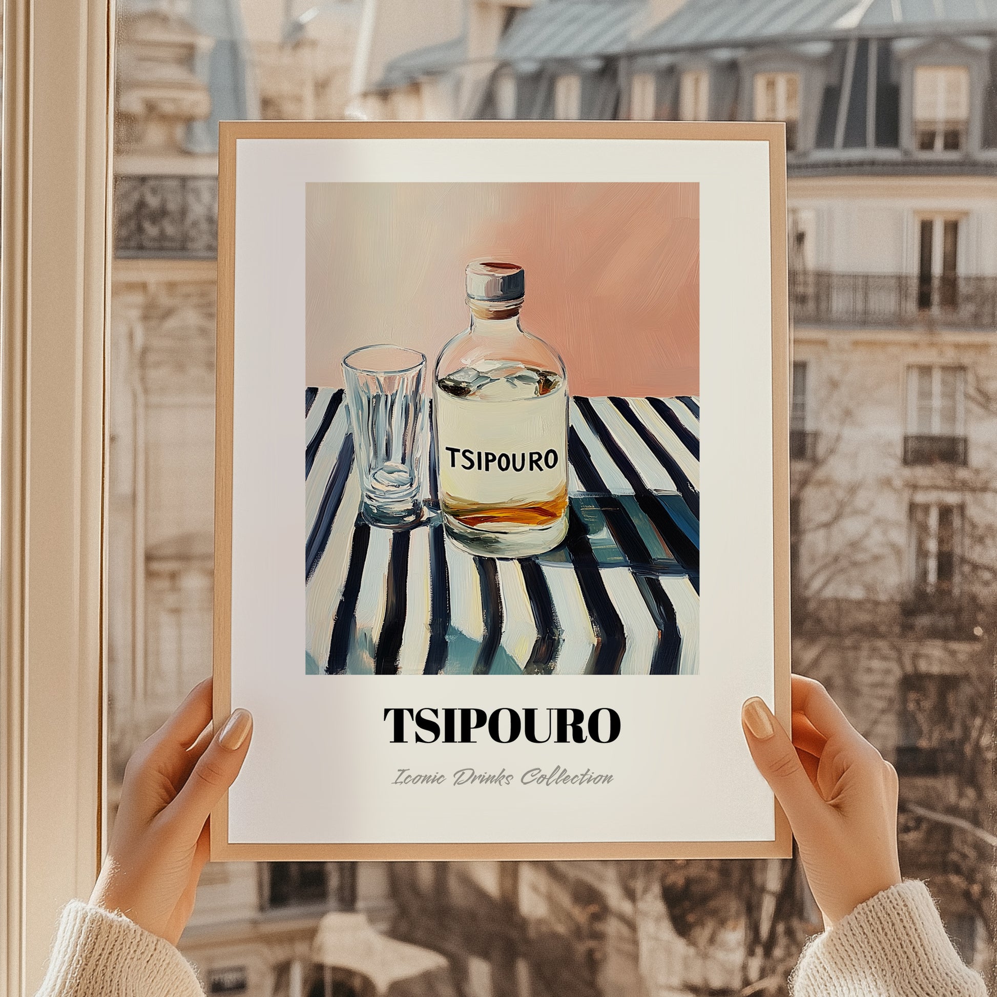 Tsipouro – on Striped Tablecloth, Greek Spirit Print, styled in a charming Paris street view