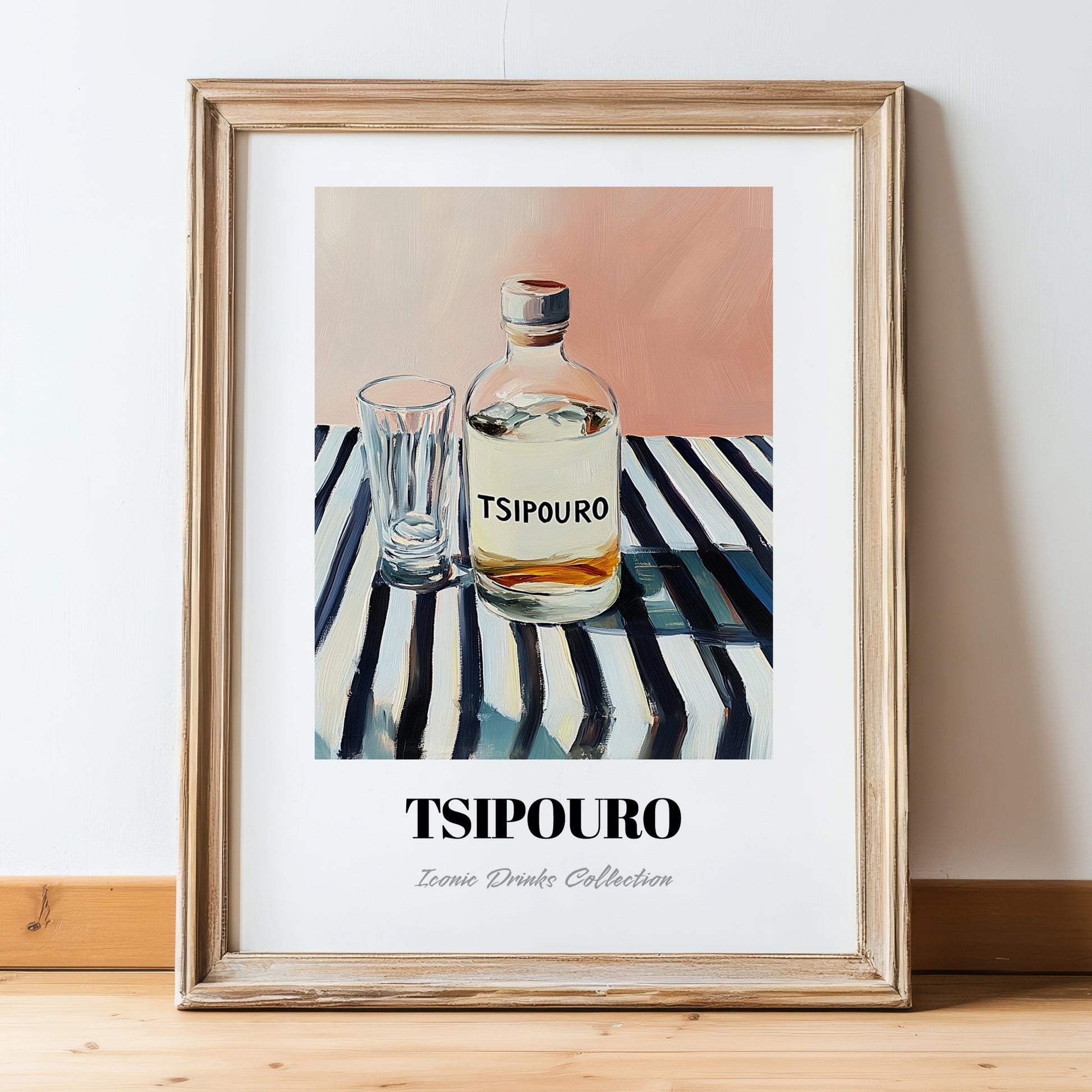 Tsipouro – on Striped Tablecloth, Greek Spirit Print, in wooden frame leaning on the floor