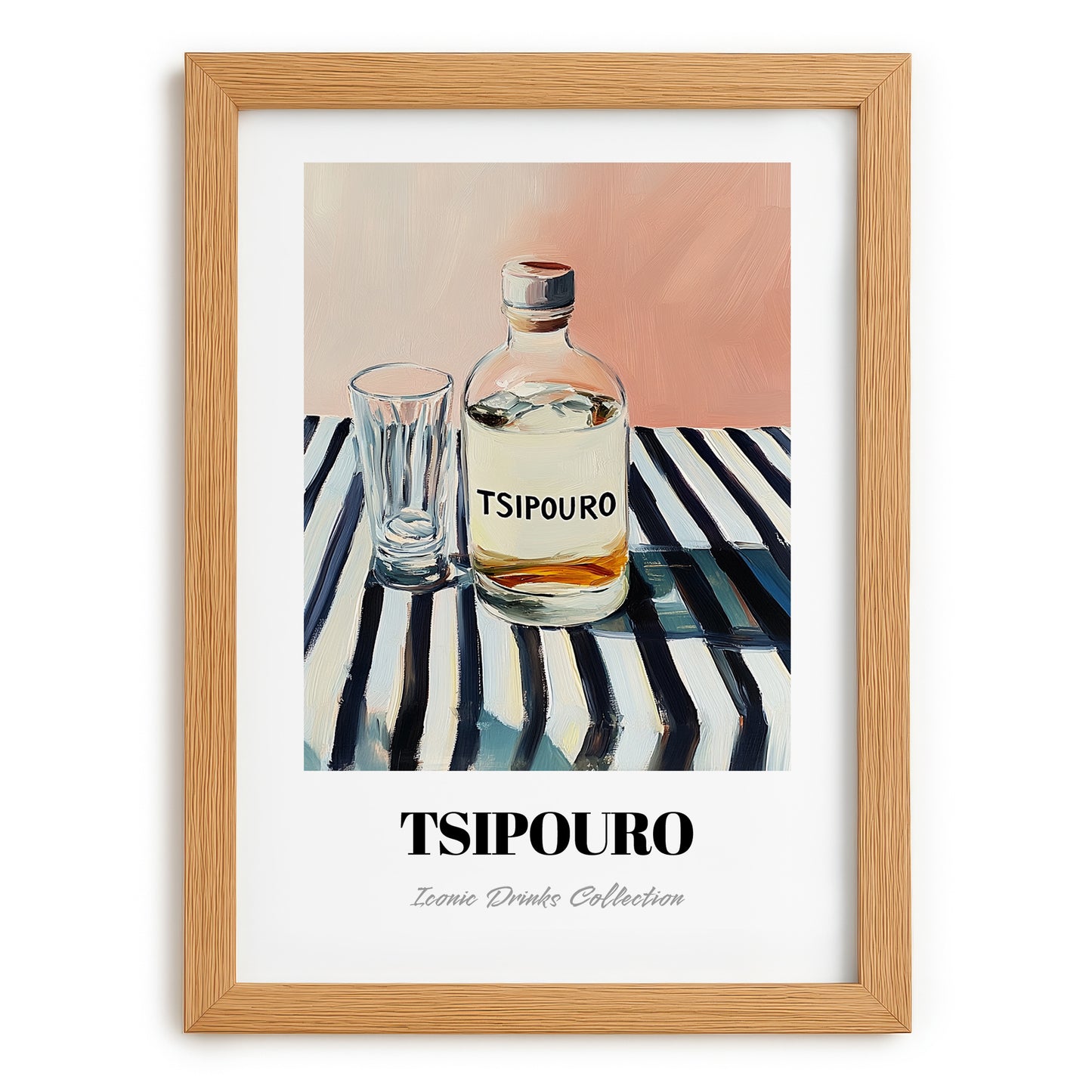 Tsipouro – on Striped Tablecloth, Greek Spirit Print, set in oak frame