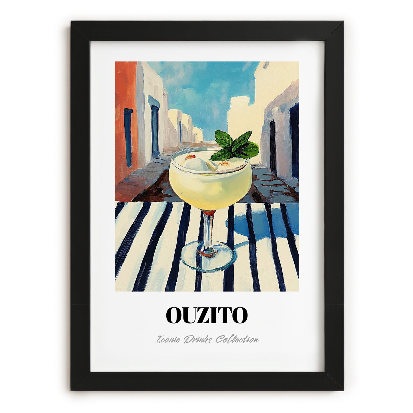 Ouzito – Greek Urban Café Scene, Greek Cocktail Illustration, in sleek black frame