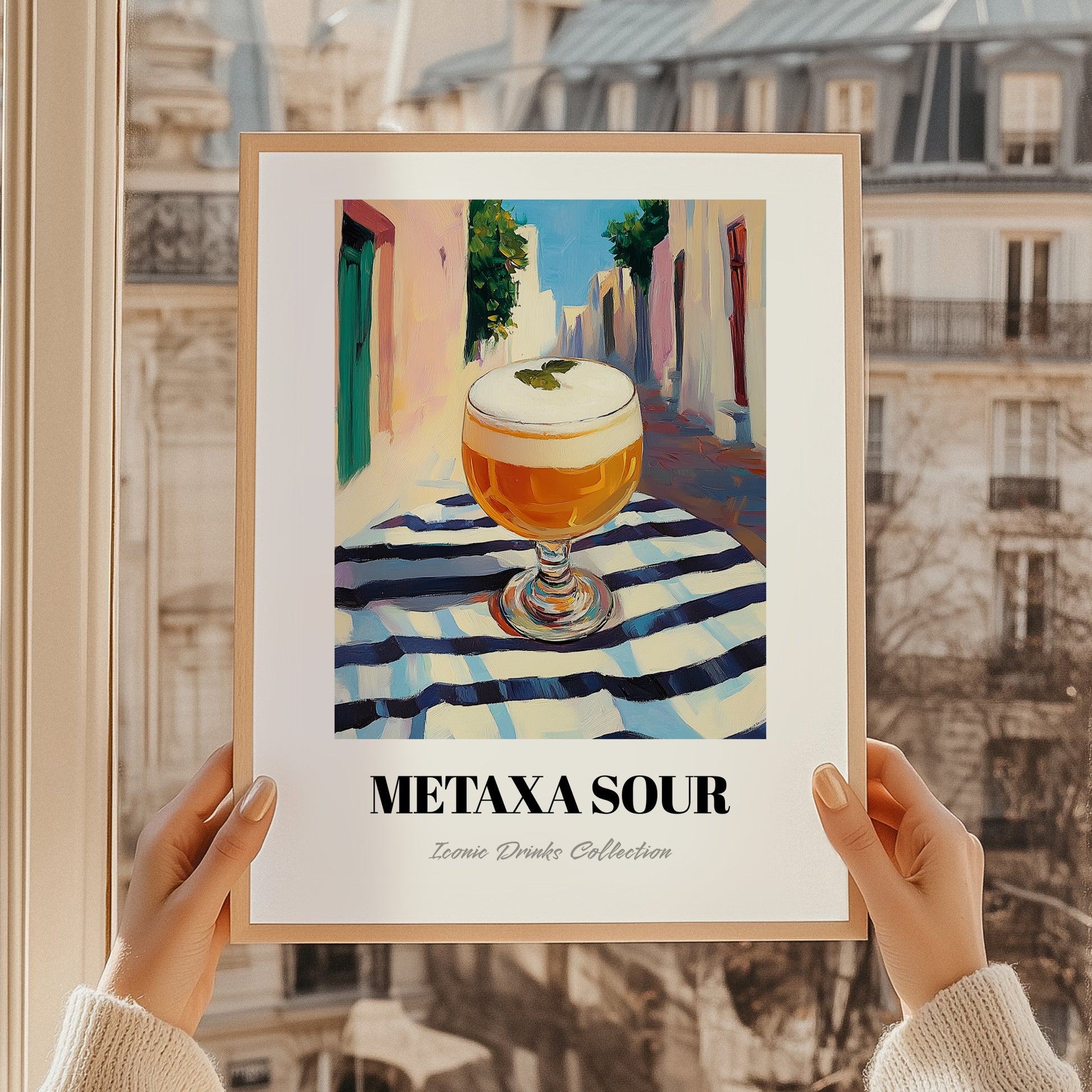 Metaxa Sour – Greek Street Café Scene, Greek Cocktail Art, styled in a charming Paris street view
