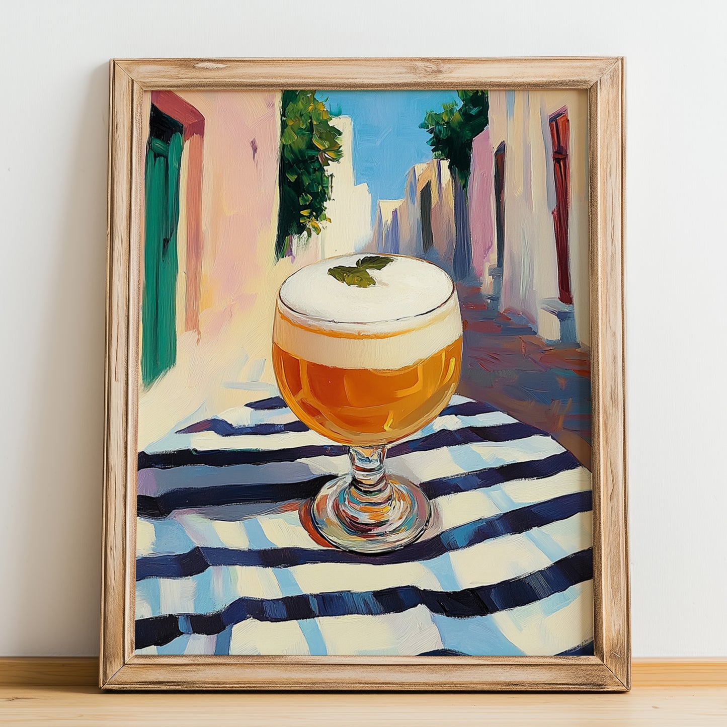 Metaxa Sour – Greek Street Café Scene, Greek Cocktail Art, no-text version framed in wood