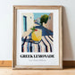 Greek Lemonade – Greek Outdoor Café Scene, Greek Lemonade Wall Poster, in wooden frame leaning on the floor