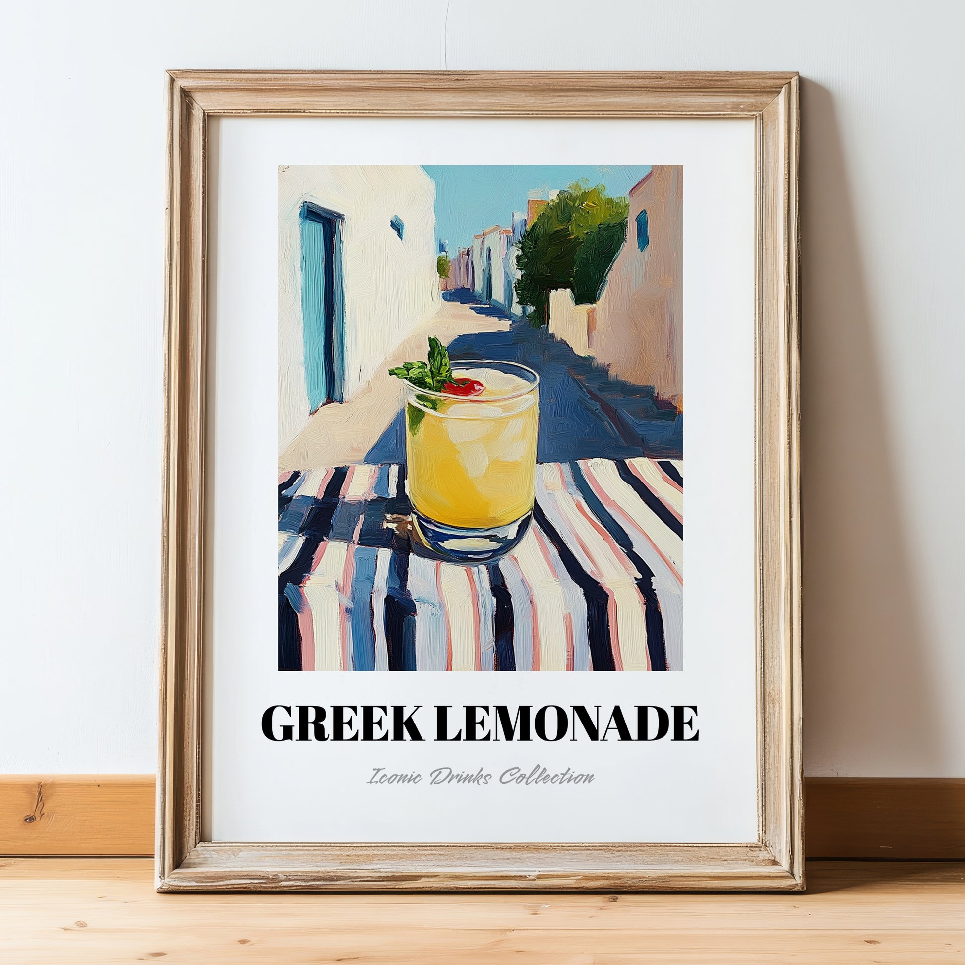 Greek Lemonade – Greek Outdoor Café Scene, Greek Lemonade Wall Poster, in wooden frame leaning on the floor